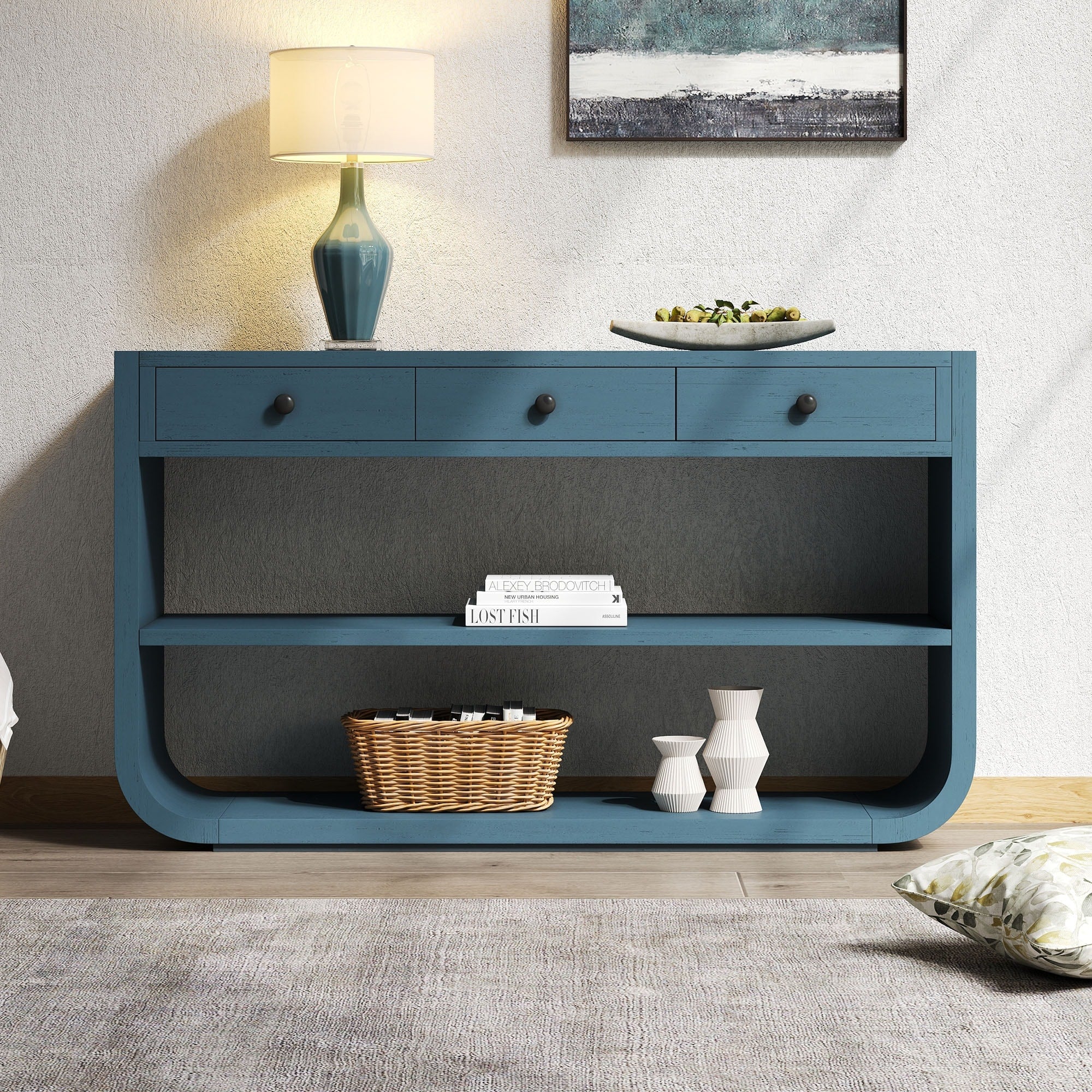 Christopher Knight Home Modern Entryway Curved Console Table With Soft Close Drawers Open Shelves For Living Room Hallway