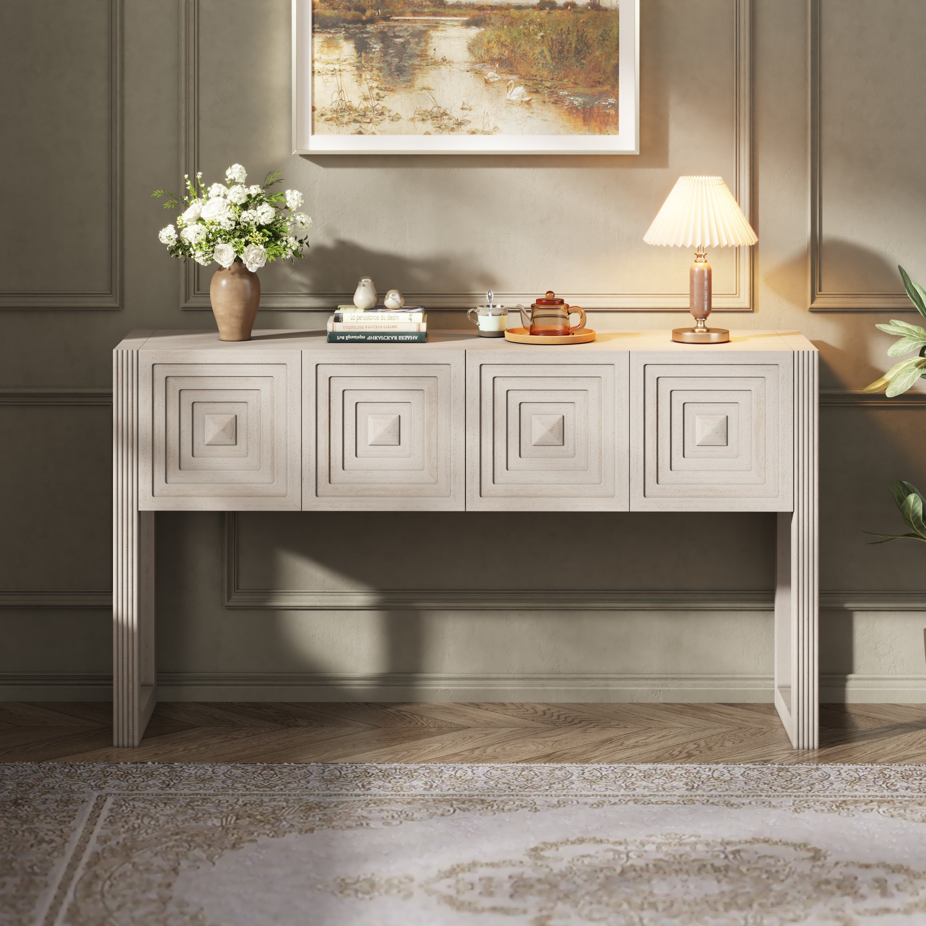 Christopher Knight Home Modern Geometric Carved Console Table With Soft Close Drawers Fluted Legs For Living Room Hallway