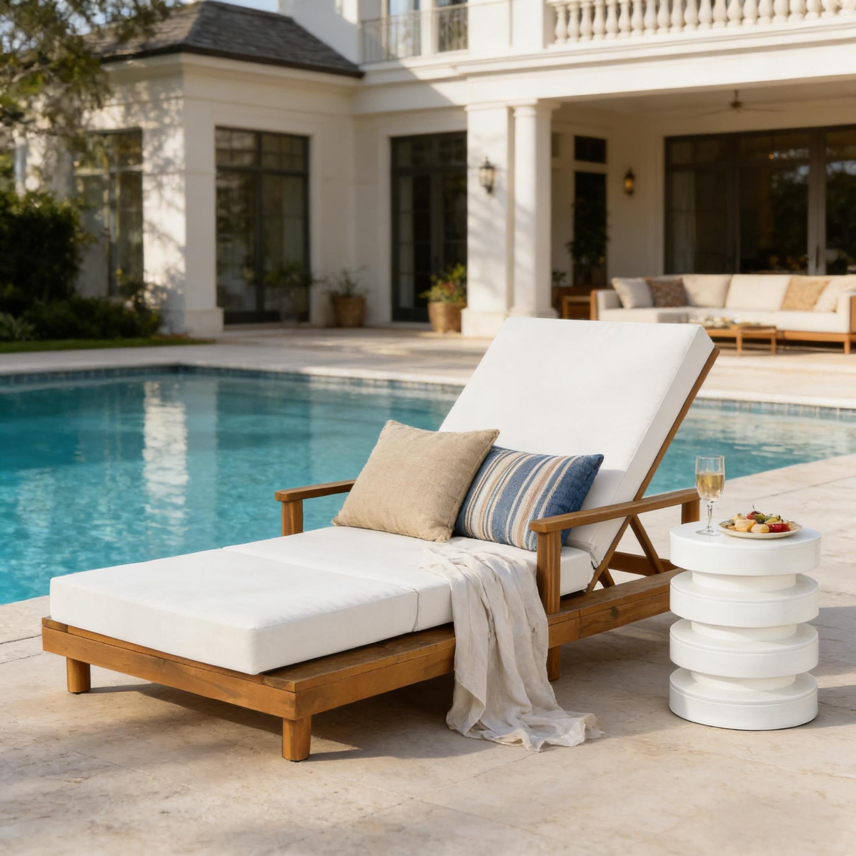 Christopher Knight Home Modern Indoor Outdoor Acacia Wood Chaise Lounge With 3 Position Adjustable Backrest 3 Fold Cushion