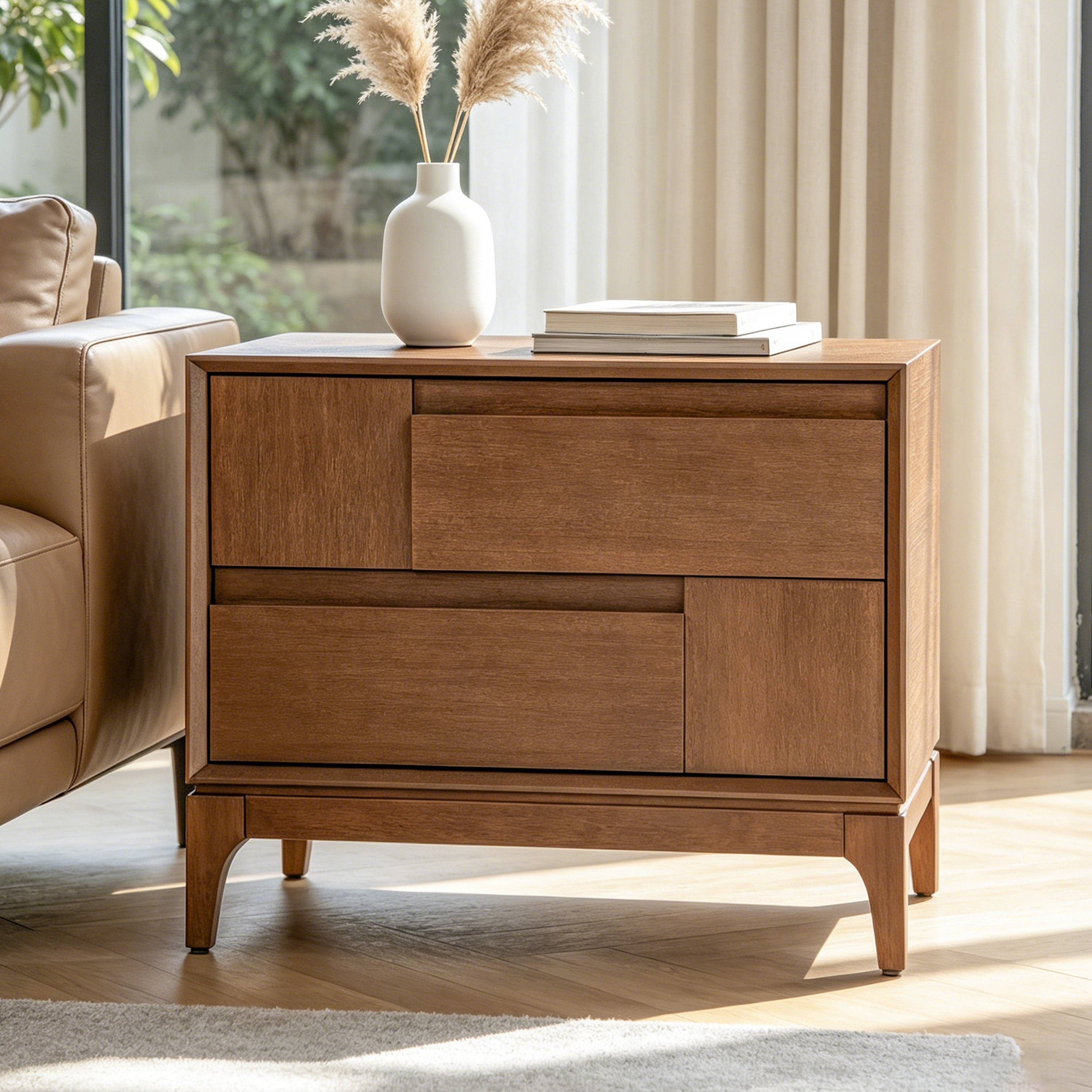 Christopher Knight Home Modern Mid Century Nightstand Wood With Asymmetric Geometric Design 2 Drawers Tapered Legs
