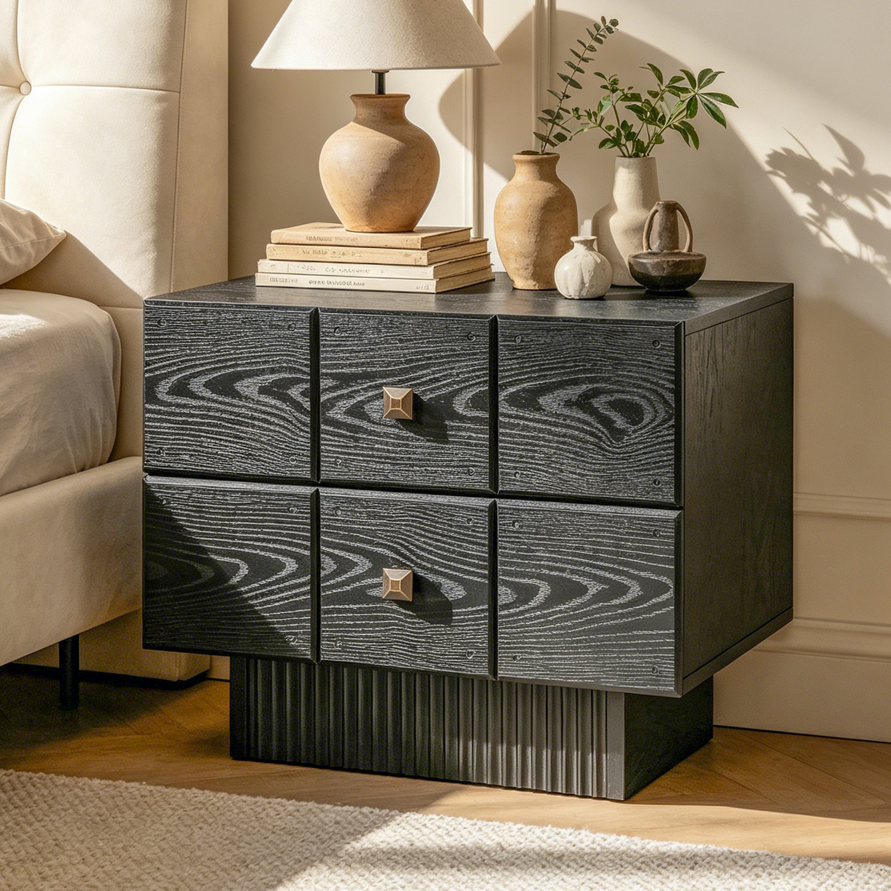 Christopher Knight Home Modern Mid Century Nightstand Wood Fluted Pedestal Base 2 Drawers Brass Knobs