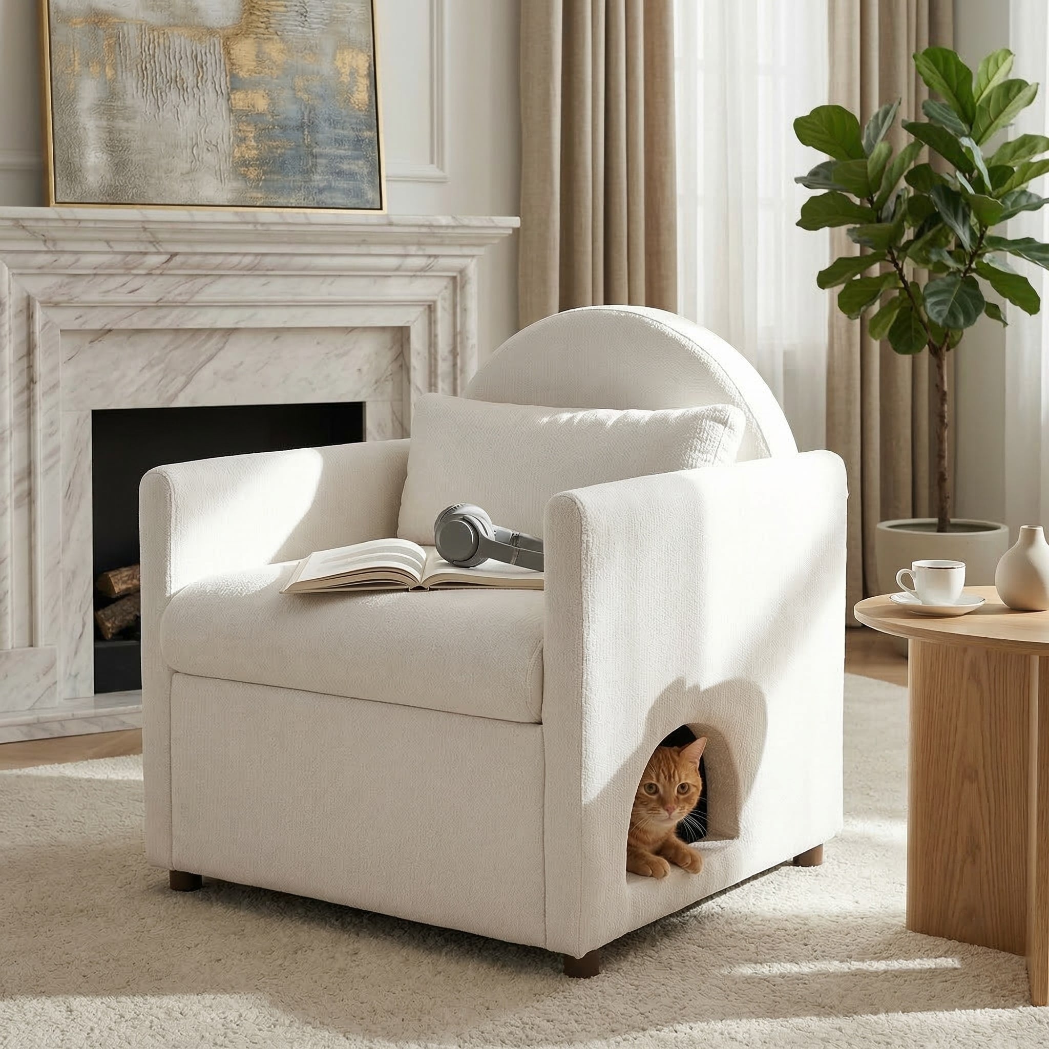 Christopher Knight Home Modern Minimalist 2 In 1 Upholstered Accent Chair With Hidden Pet Nook Pillow Acacia Wood Legs