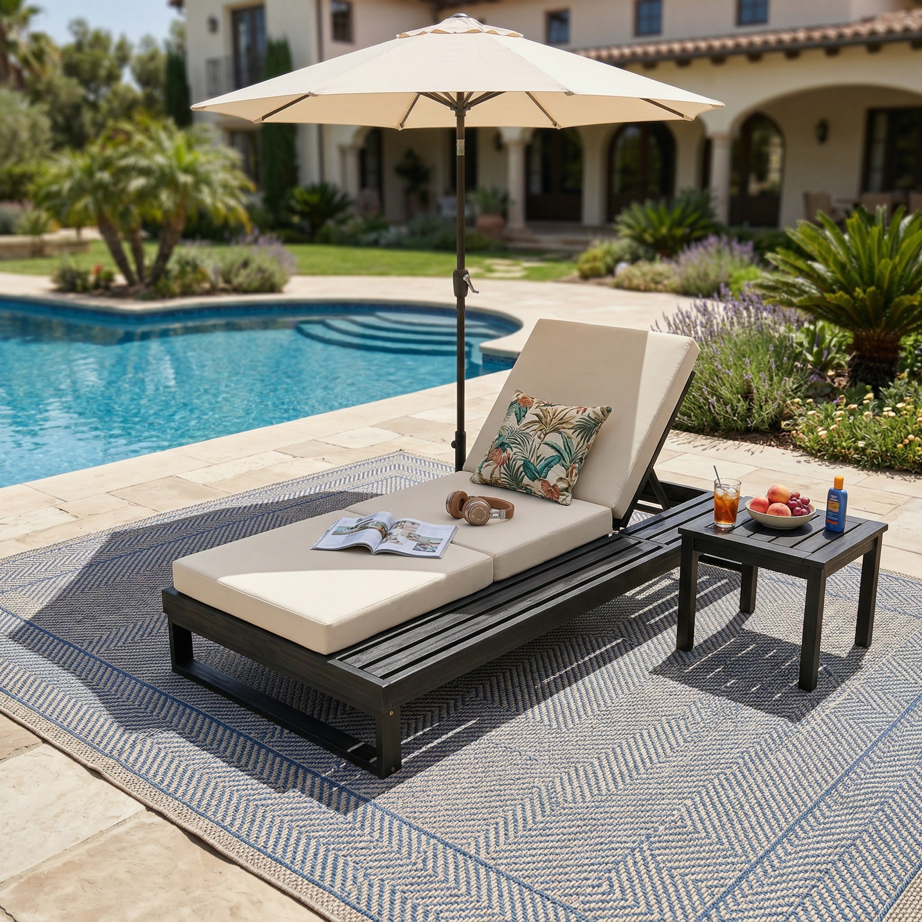 Christopher Knight Home Modern Outdoor Acacia Wood Chaise Lounge With 4 Position Adjustable Backrest 2 Fold Cushion