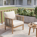 Christopher Knight Home Modern Outdoor Acacia Wood Club Chair With Rope Woven Armrests Beige Cushions And Teak Finish