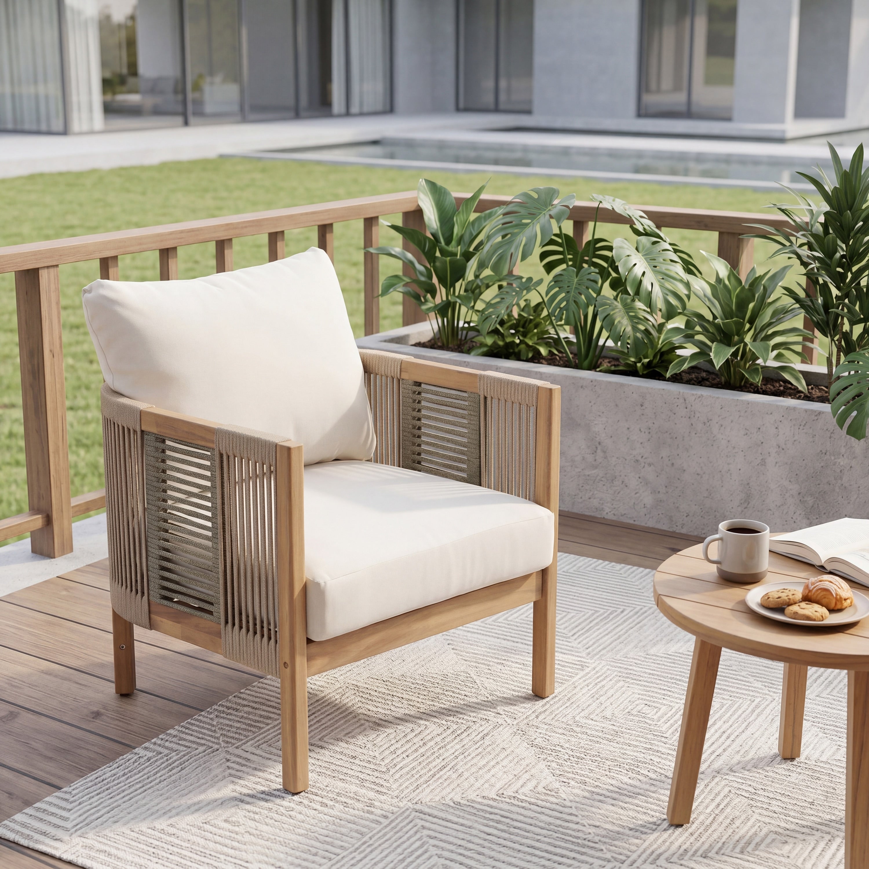 Christopher Knight Home Modern Outdoor Acacia Wood Club Chair With Rope Woven Armrests Beige Cushions And Teak Finish