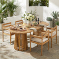 Christopher Knight Home Modern Outdoor Acacia Wood Pedestal Dining Set With 83 Oval Racetrack Table Curved Cushion Armchair