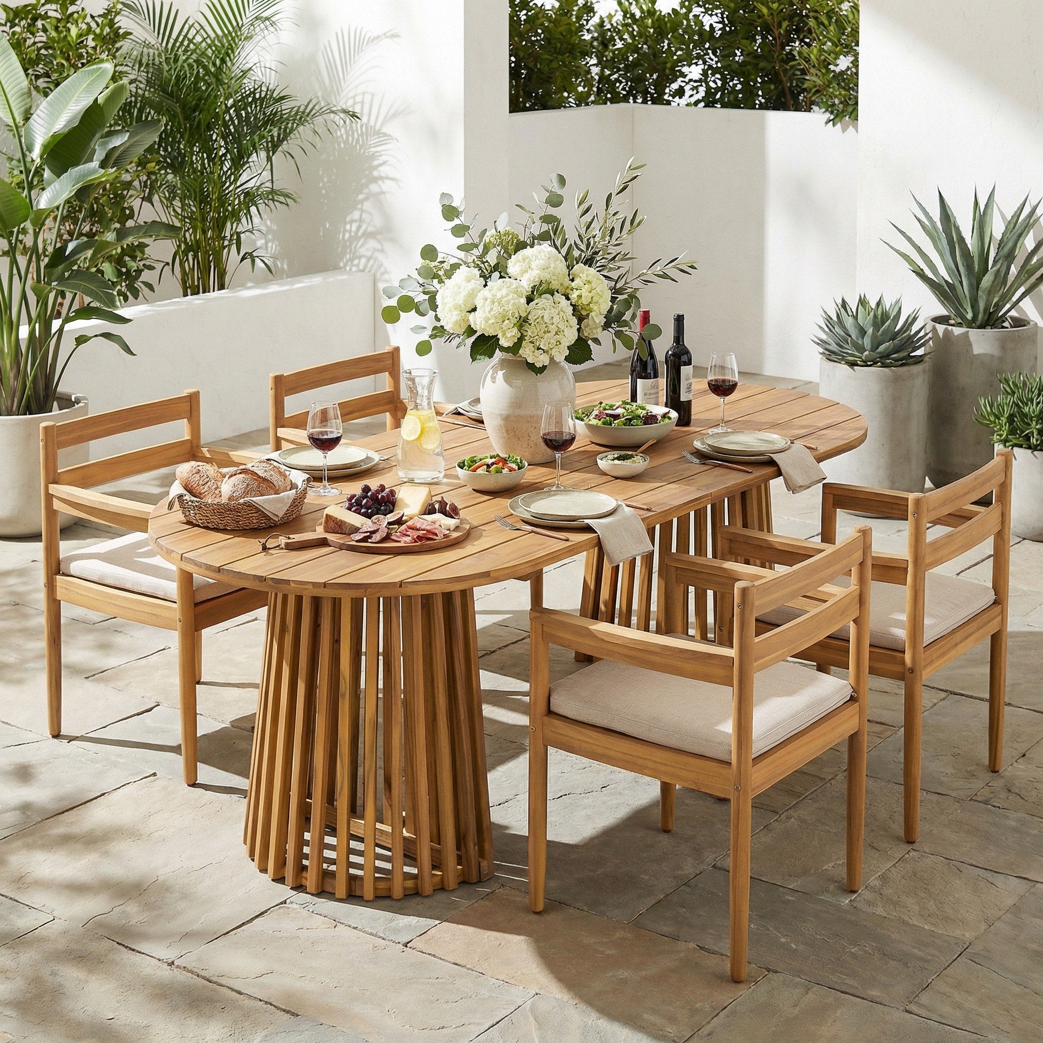 Christopher Knight Home Modern Outdoor Acacia Wood Pedestal Dining Set With 83 Oval Racetrack Table Curved Cushion Armchair