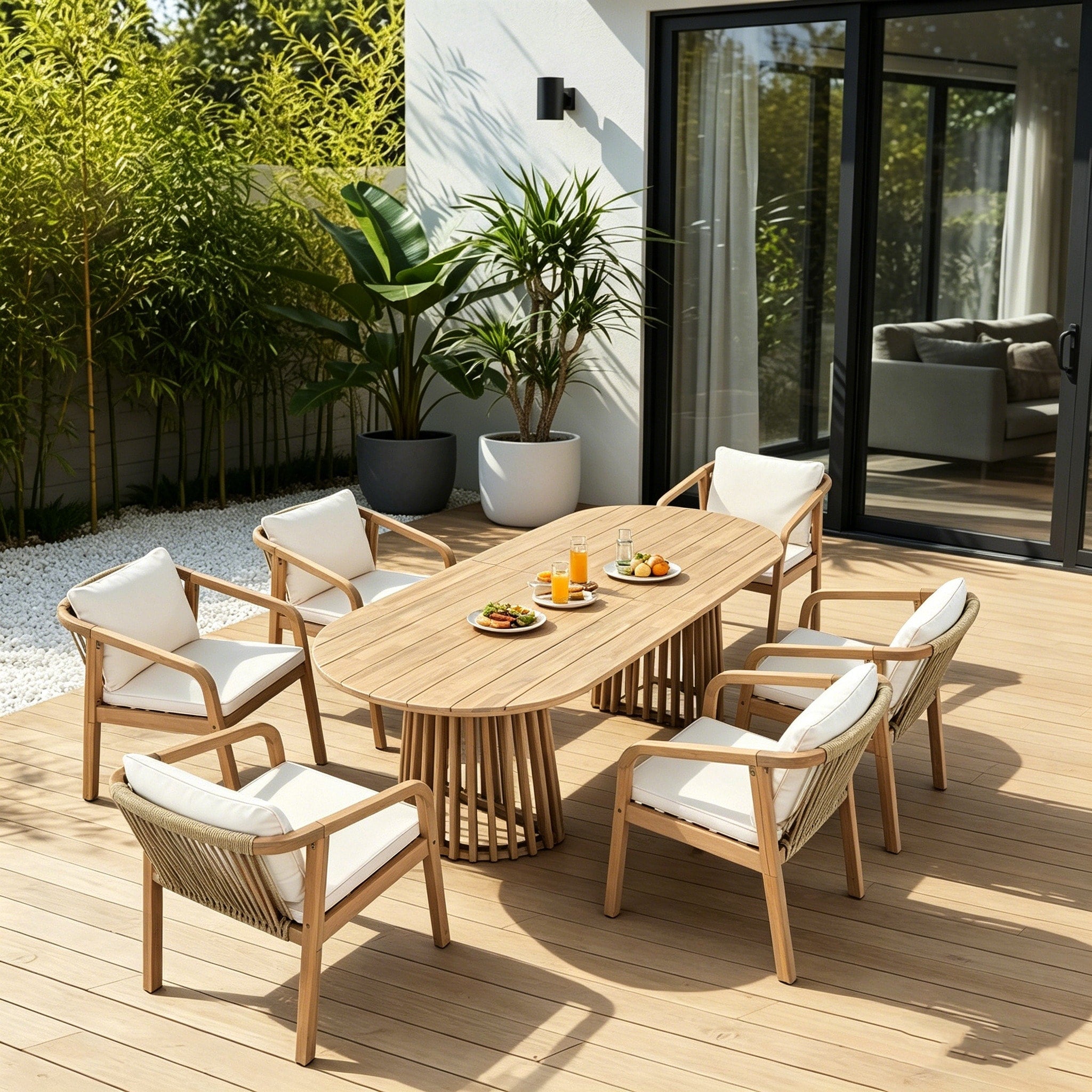 Christopher Knight Home Modern Outdoor Acacia Wood Pedestal Dining Set With 83 Oval Racetrack Table Rope Cushion Armchair