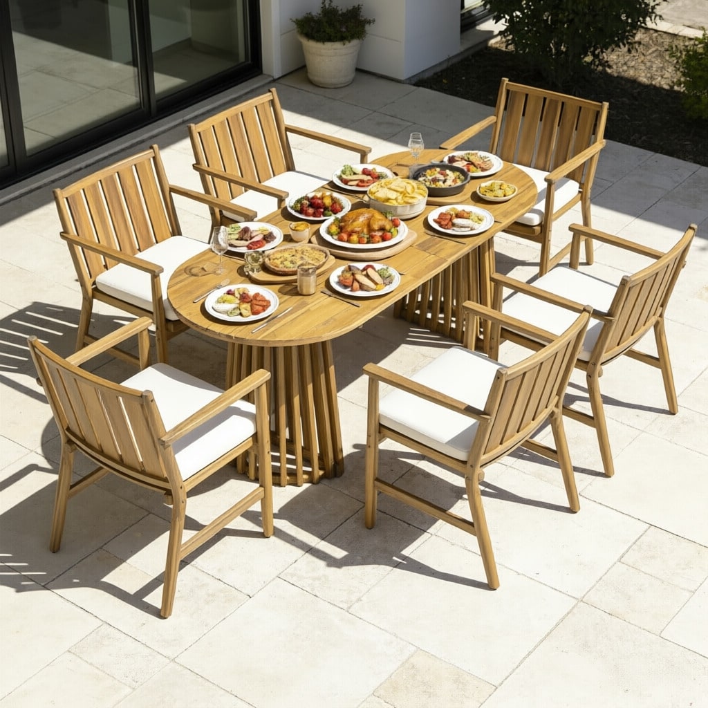 Christopher Knight Home Modern Outdoor Acacia Wood Pedestal Dining Set With 83 Oval Racetrack Table Slatted Armchairs