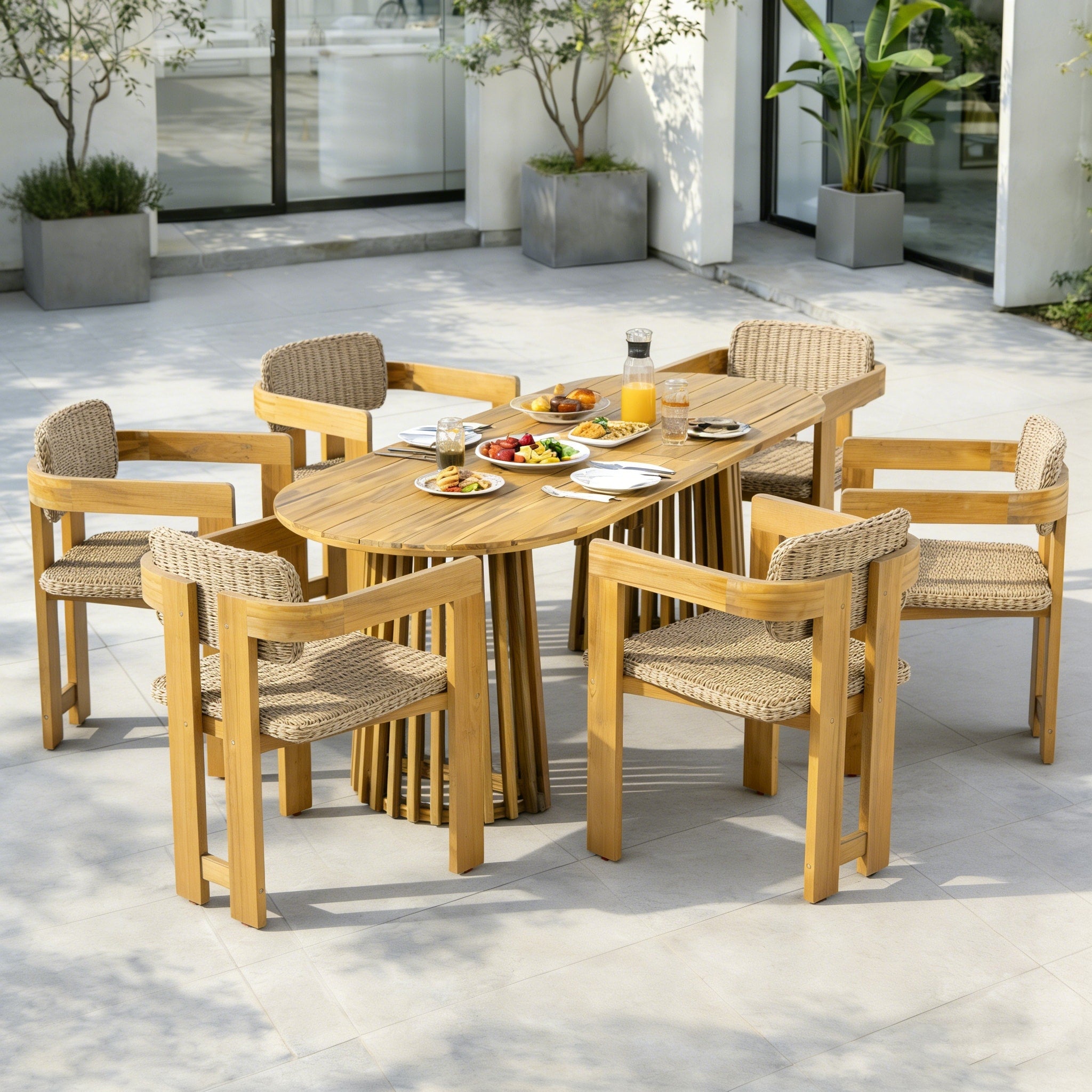 Christopher Knight Home Modern Outdoor Acacia Wood Pedestal Dining Set With 83 Oval Racetrack Table Woven Rattan Armchairs
