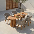 Christopher Knight Home Modern Outdoor Acacia Wood Pedestal Dining Set With 83 Oval Racetrack Table Woven Rattan Armchairs