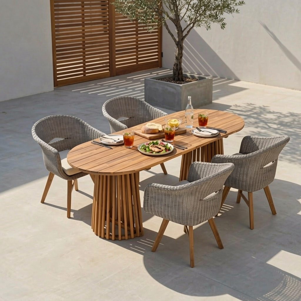 Christopher Knight Home Modern Outdoor Acacia Wood Pedestal Dining Set With 83 Oval Racetrack Table Woven Rattan Armchairs