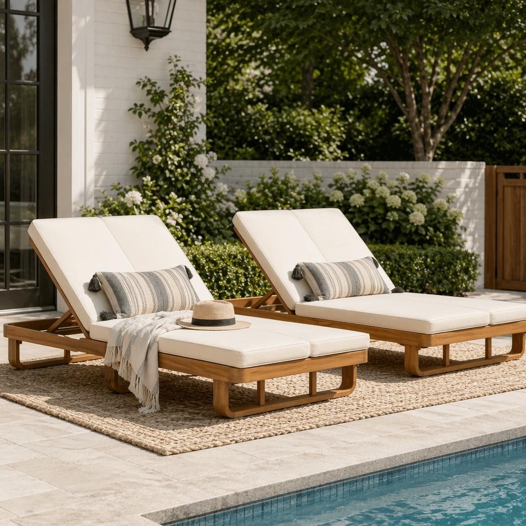Christopher Knight Home Modern Outdoor Daybed Double Chaise Lounge Acacia Wood With Adjustable Backrests And Cushions