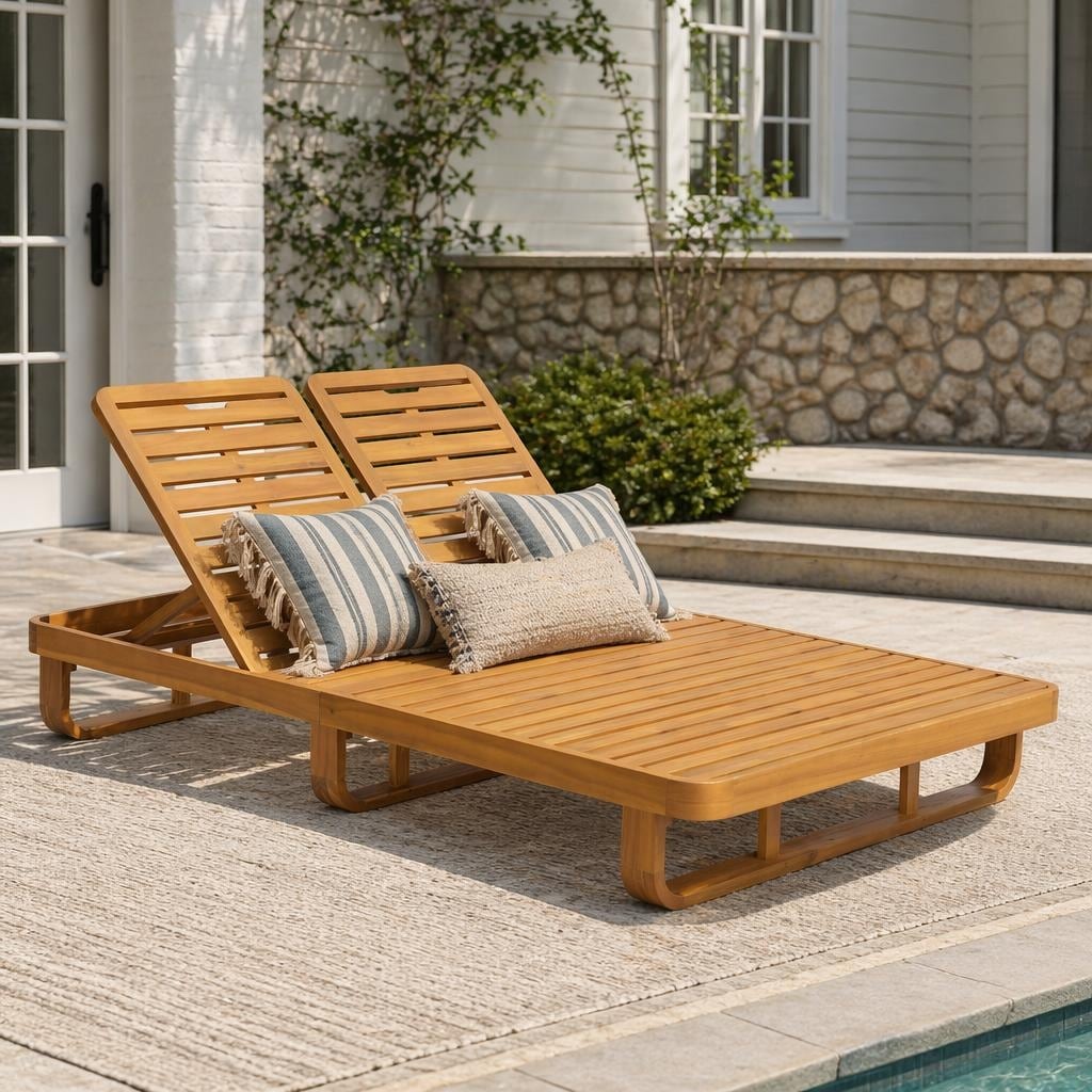 Christopher Knight Home Modern Outdoor Daybed Double Chaise Lounge Acacia Wood With Adjustable Dual Backrests