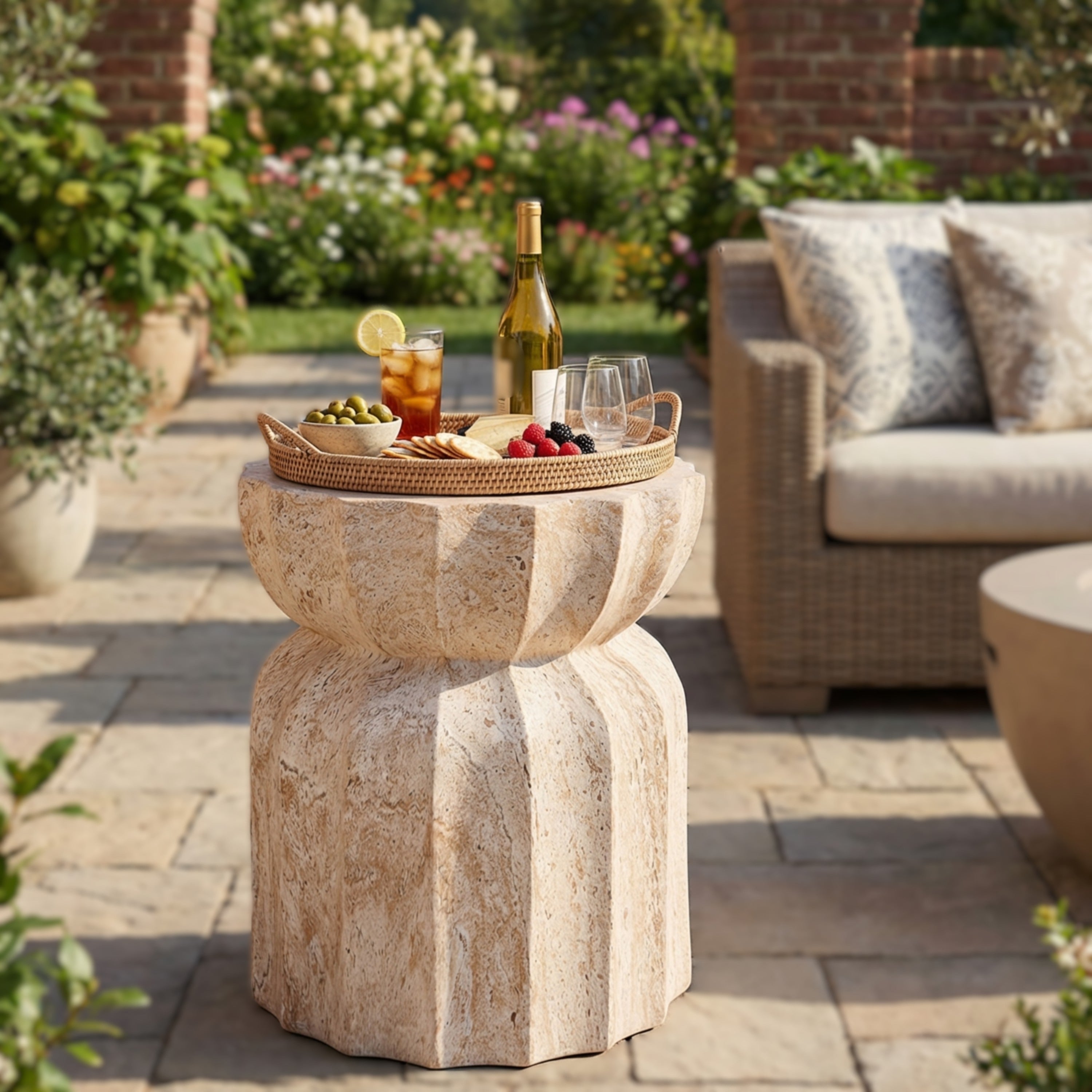 Christopher Knight Home Modern Outdoor Lightweight Concrete Accent Side Table With Fluted Sculptural Hourglass Design