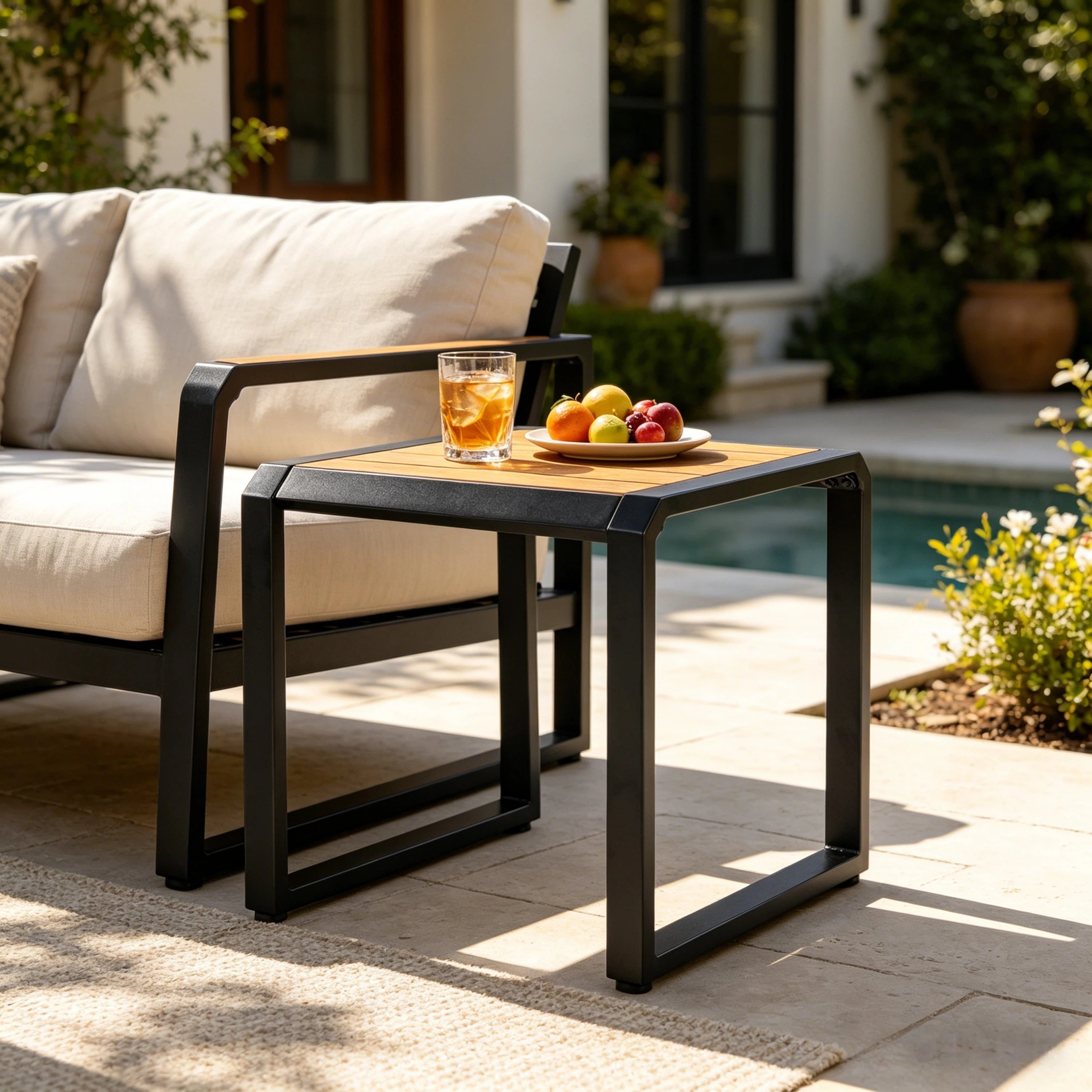 Christopher Knight Home Modern Outdoor Side Table Acacia Wood Iron Frame With Weather Resistant Teak Top