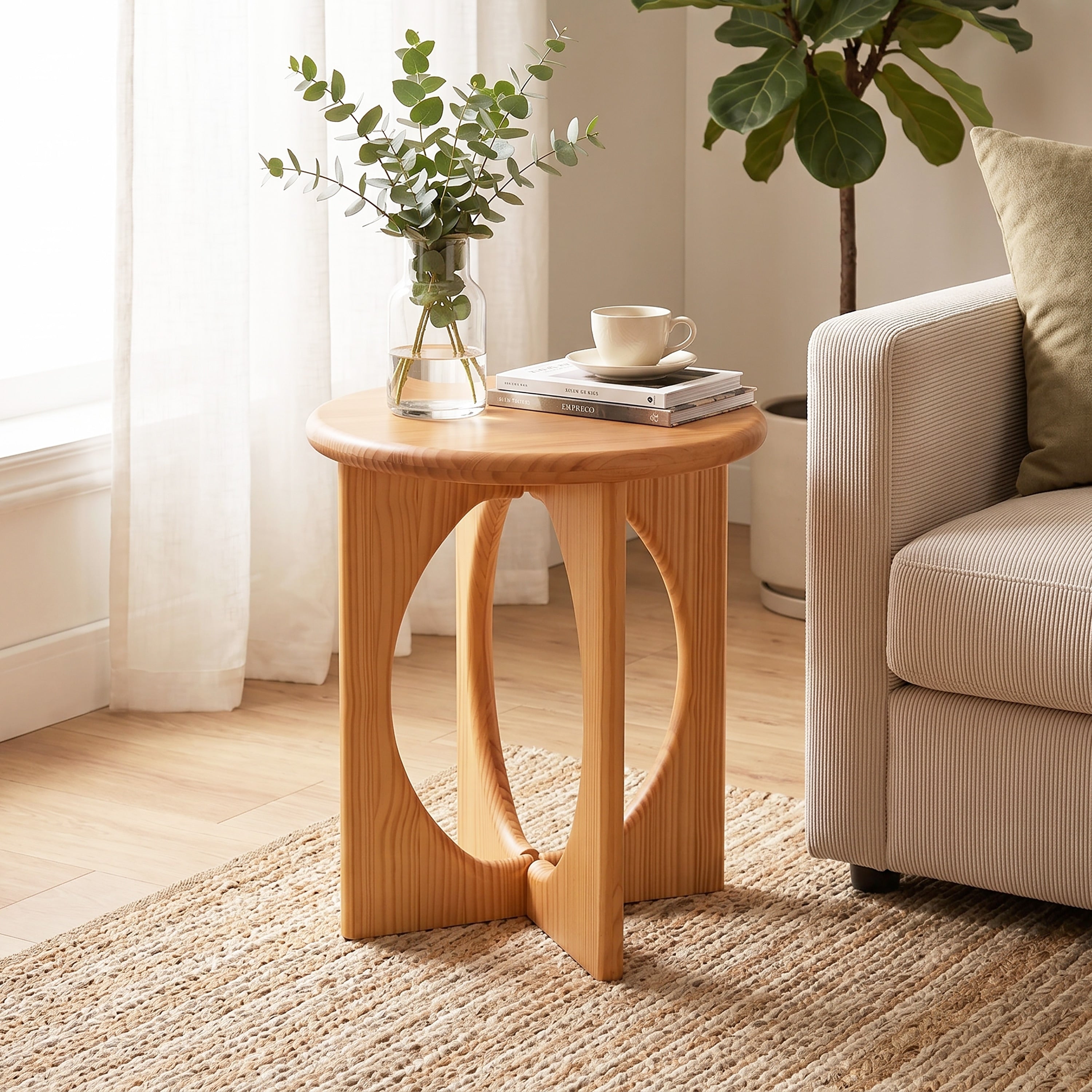 Christopher Knight Home Modern Round Side Table Natural Pine Wood End Table With Geometric Cross Leg Base