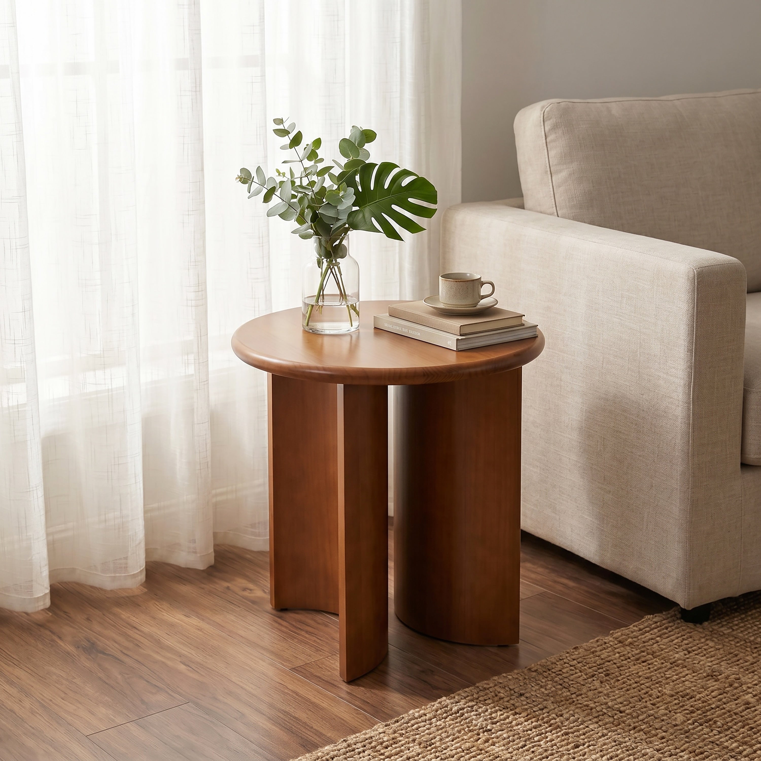 Christopher Knight Home Modern Round Side Table Pine Wood End Table With Sculptural Fan Shaped Pedestal Base