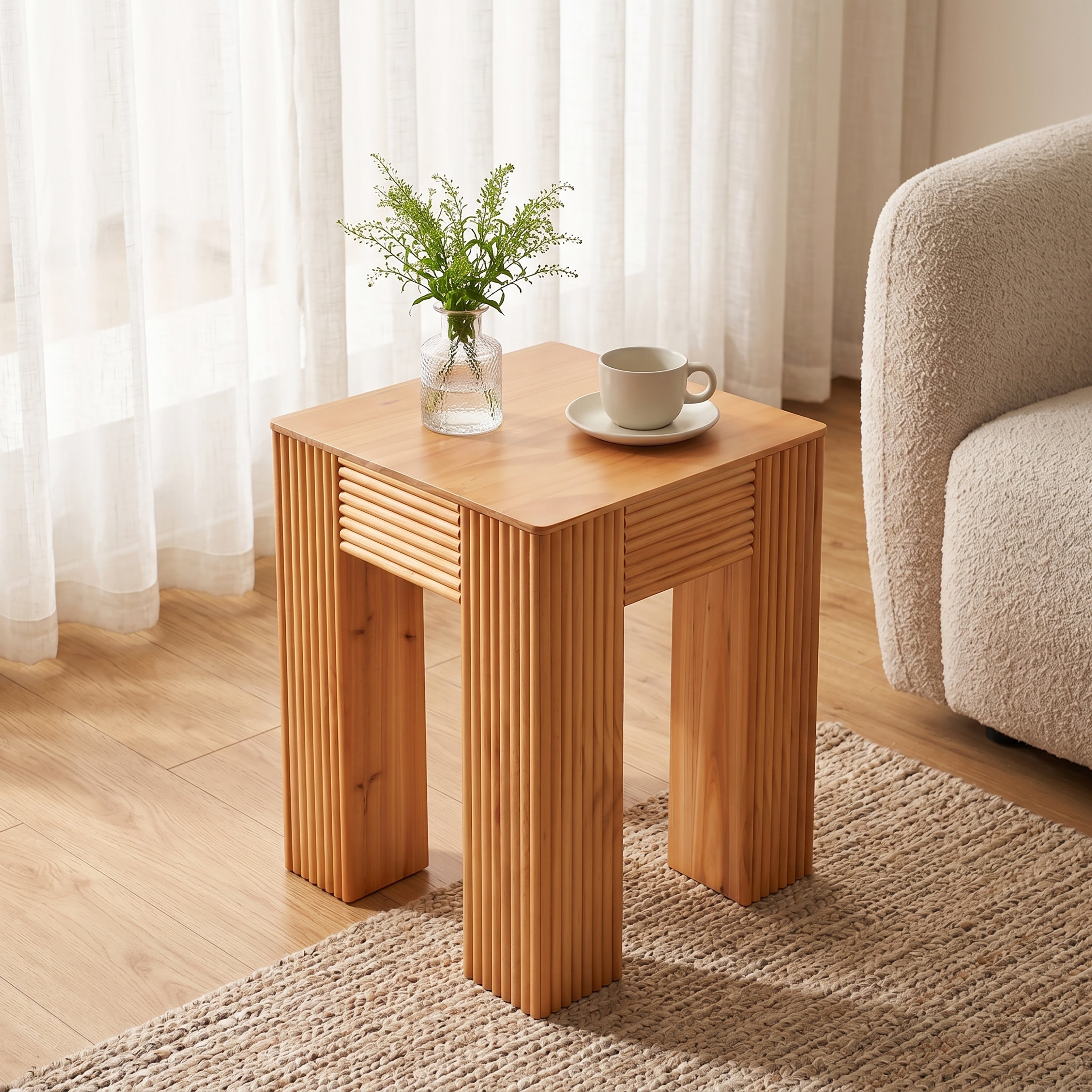 Christopher Knight Home Modern Side Table Natural Pine Wood Fluted End Table With Sculptural Elephant Leg Design