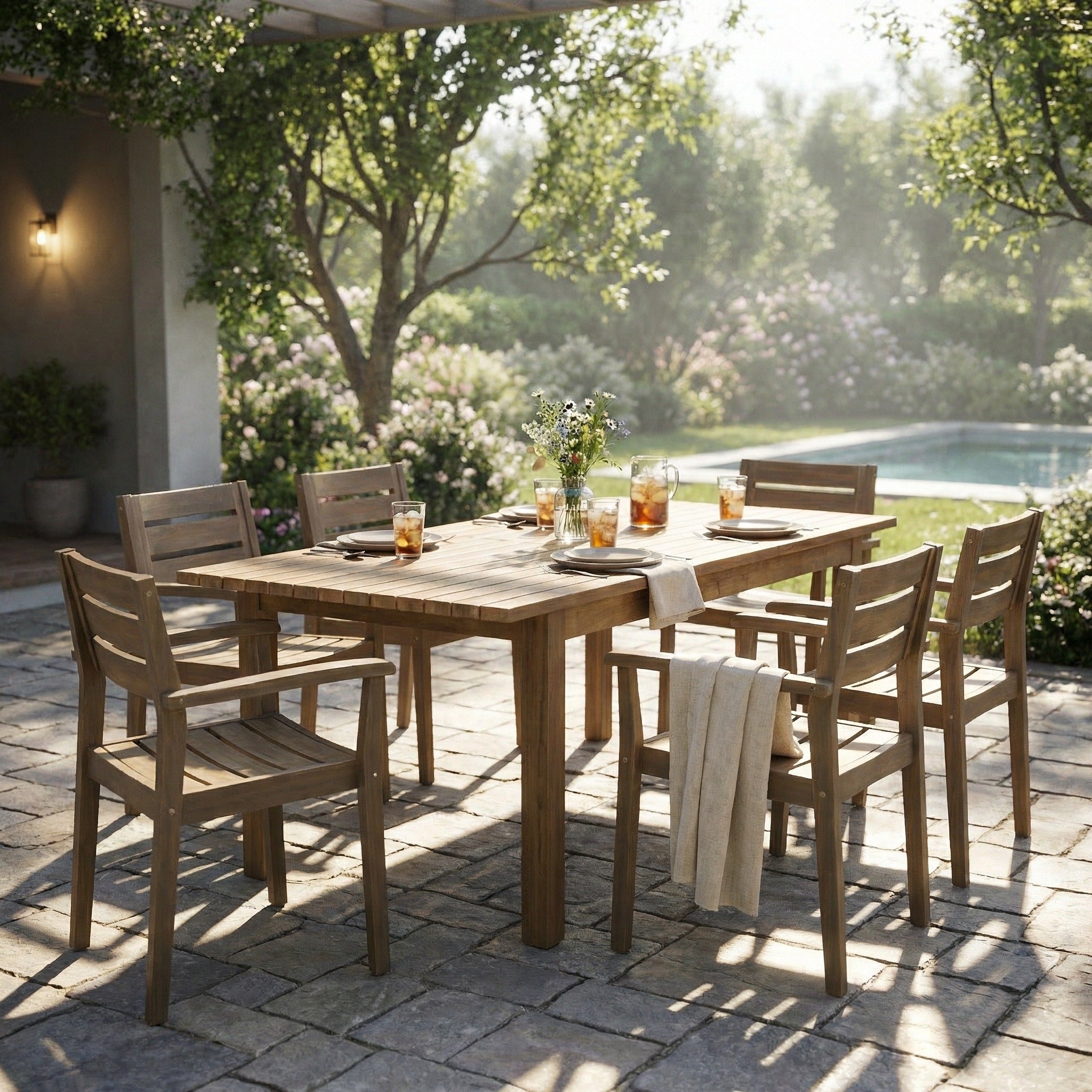 Christopher Knight Home Modern Solid Acacia Wood Extendable 7 Piece Outdoor Dining Set With Slatted Chairs