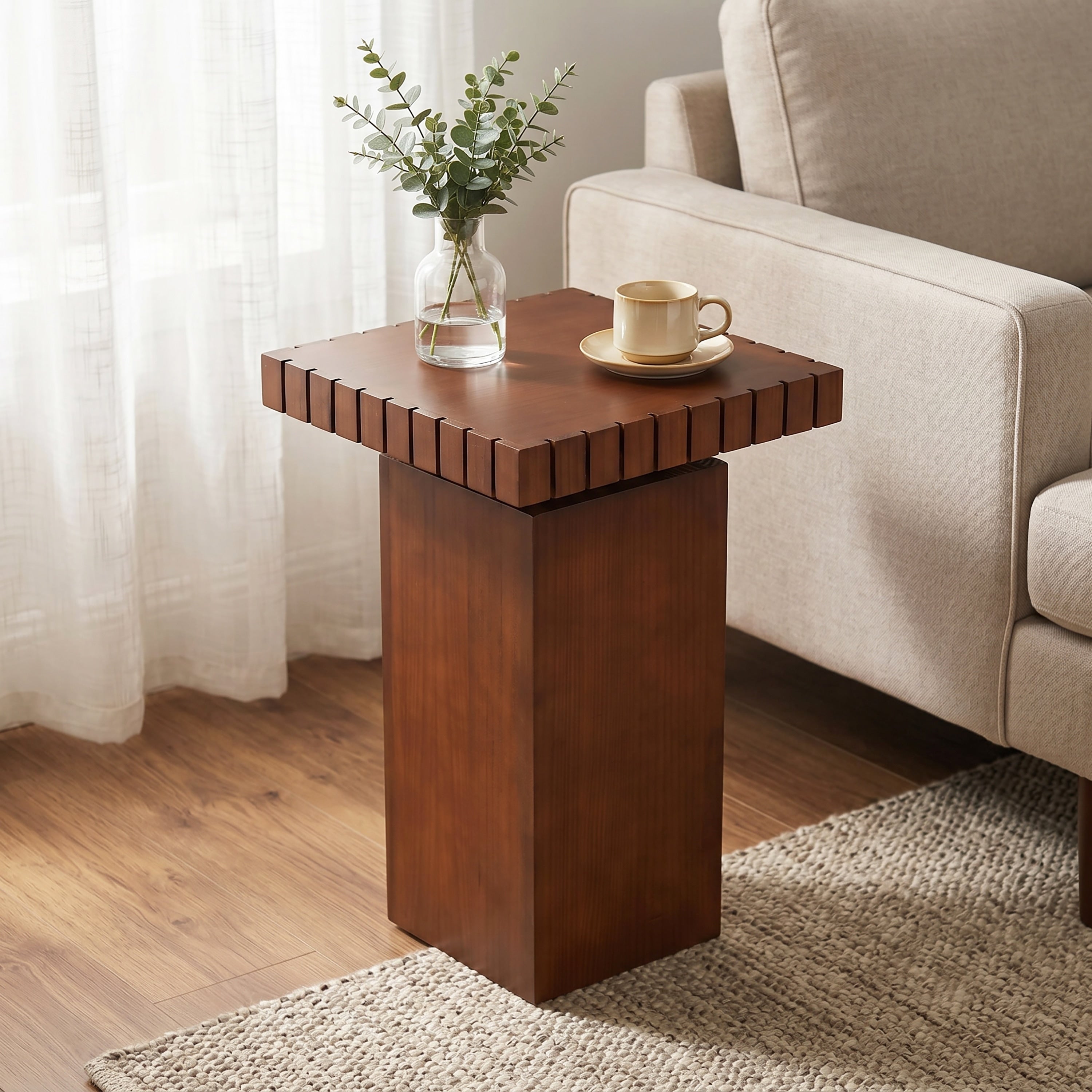 Christopher Knight Home Modern Square Side Table Pine Wood End Table With Sculptural Pedestal Base And Notched Edge Design