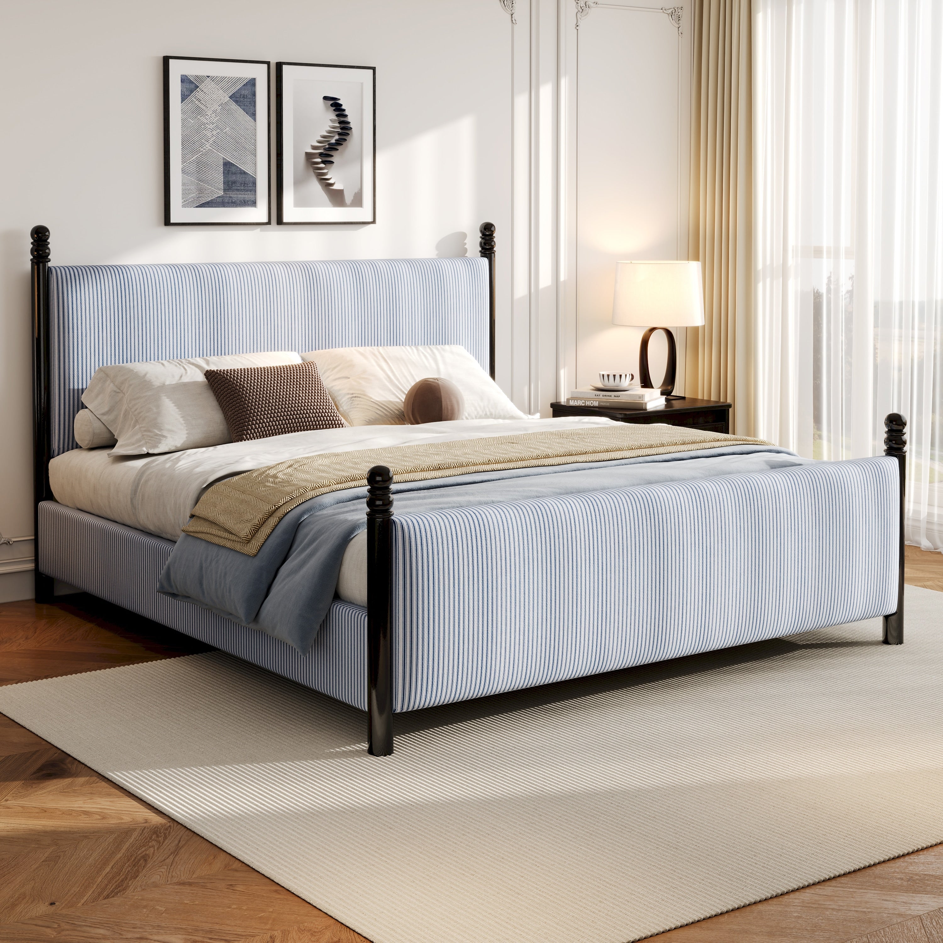 Christopher Knight Home Modern Striped Upholstered Wood Bed Frame With High Padded Headboard Soundproofed