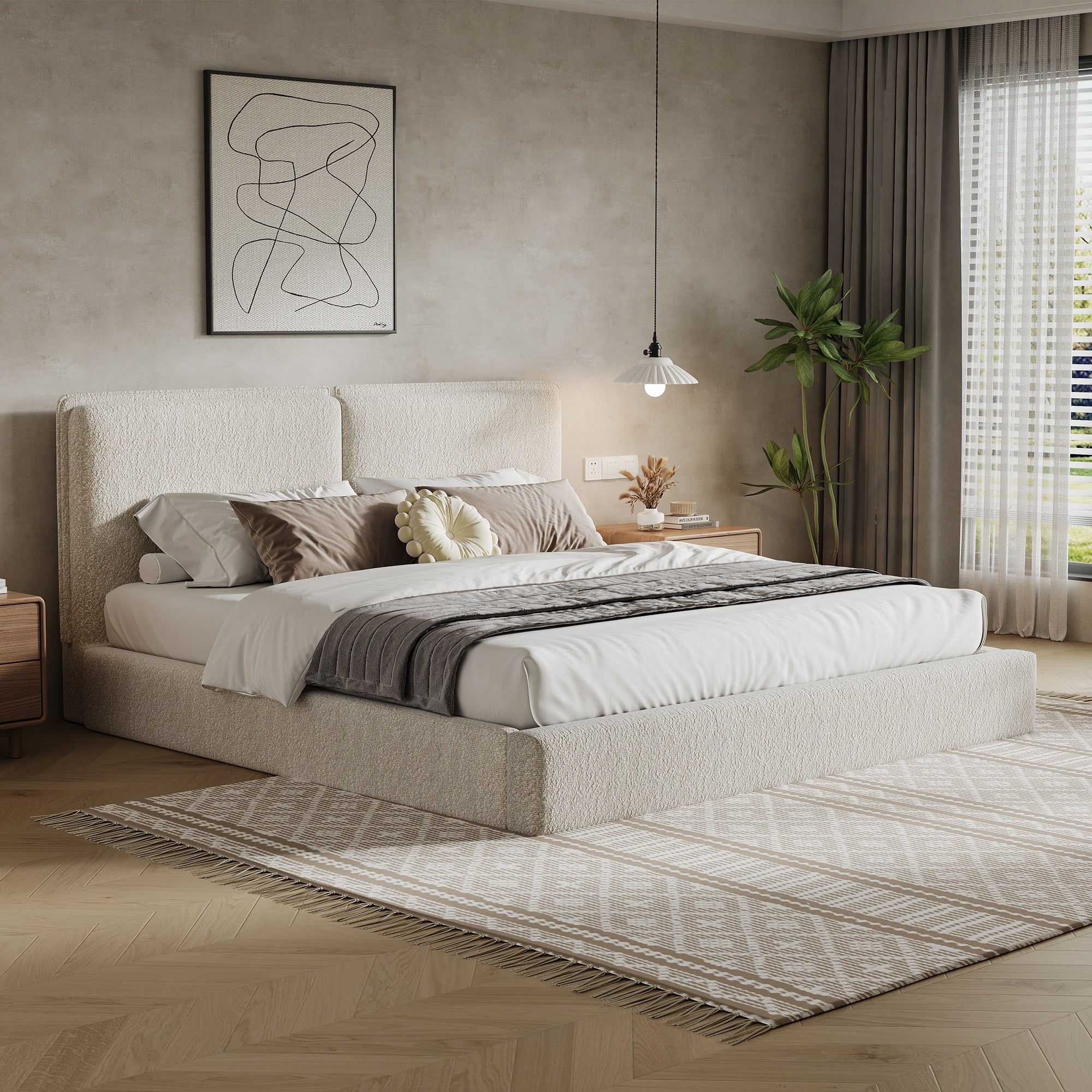 Christopher Knight Home Modern Upholstered Bed With Double Pillow Headboard