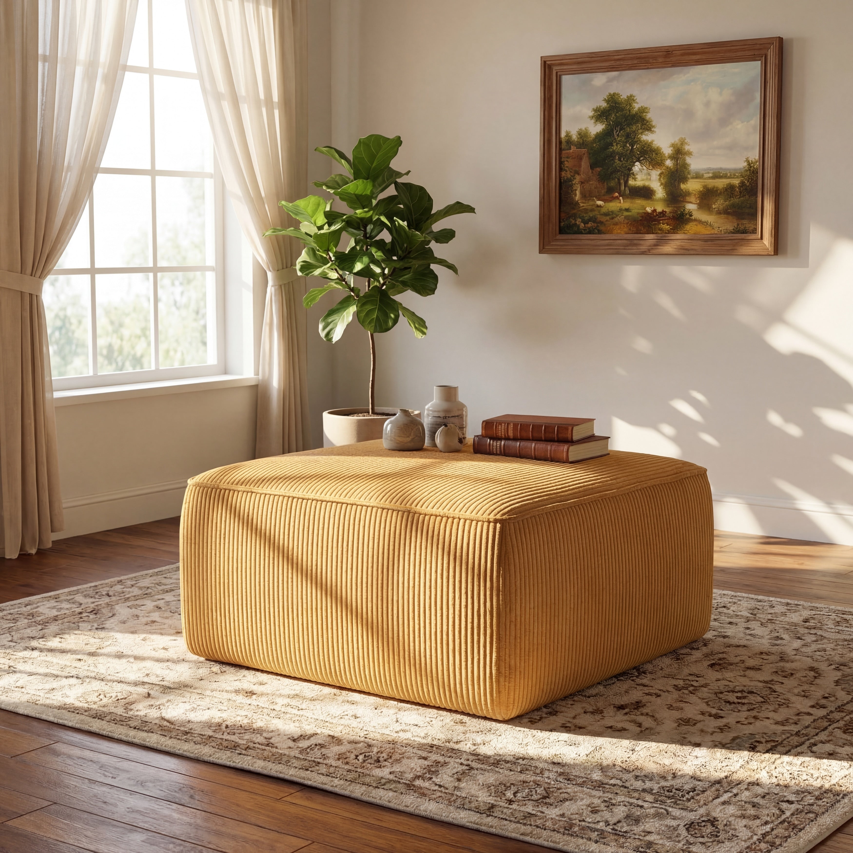 Christopher Knight Home Modern Upholstered Corduroy Square Ottoman For Living Room With Plush Foam Cushion
