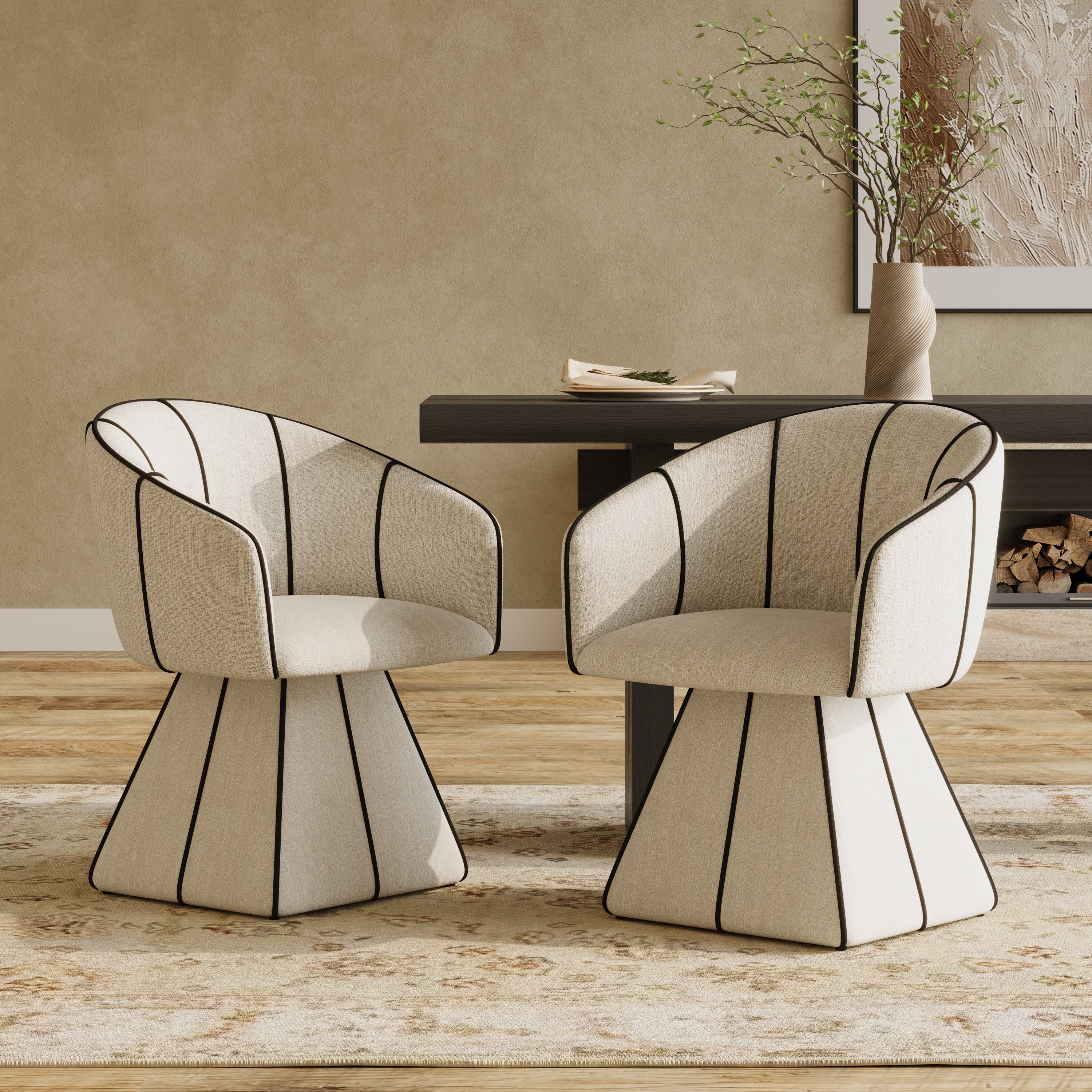Christopher Knight Home Modern Upholstered Swivel Dining Arm Chairs With Sculptural Barrel Back Pedestal Iron Base Set Of 2