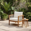 Christopher Knight Home Modern Upholstered Outdoor Club Chair With Rope Woven Back Acacia Wood Frame Cushioned Seating