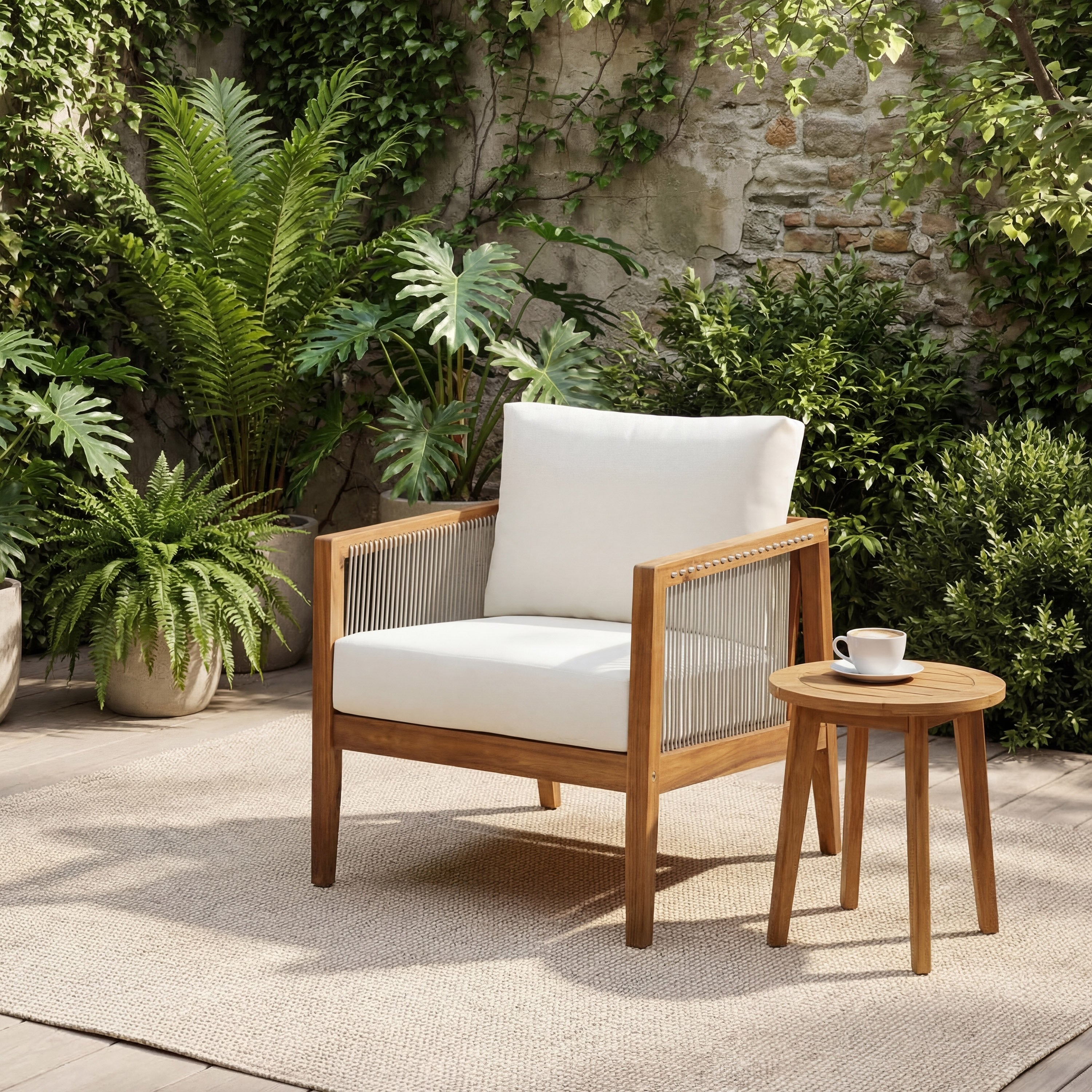 Christopher Knight Home Modern Upholstered Outdoor Club Chair With Rope Woven Back Acacia Wood Frame Cushioned Seating
