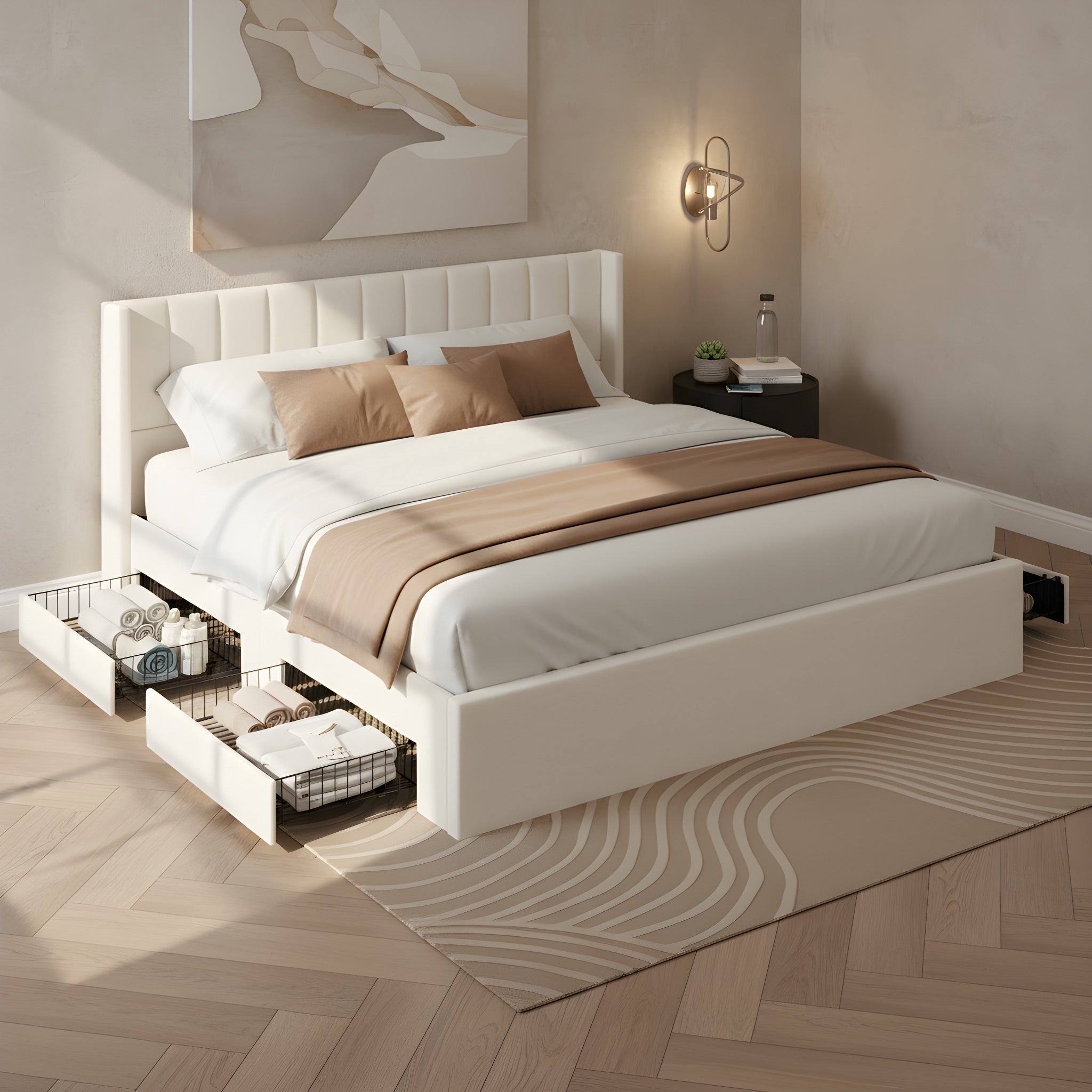 Christopher Knight Home Modern Upholstered Storage Bed With Drawers And Vertical Headboard