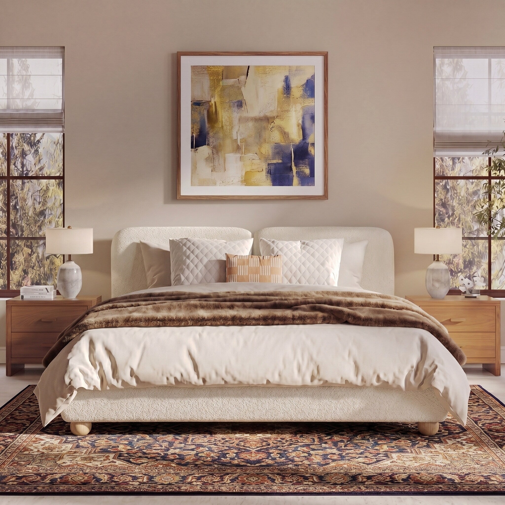 Christopher Knight Home Modern Curved Boucle Platform Bed Frame Upholstered Headboard Solid Wood Legs No Box Spring Needed