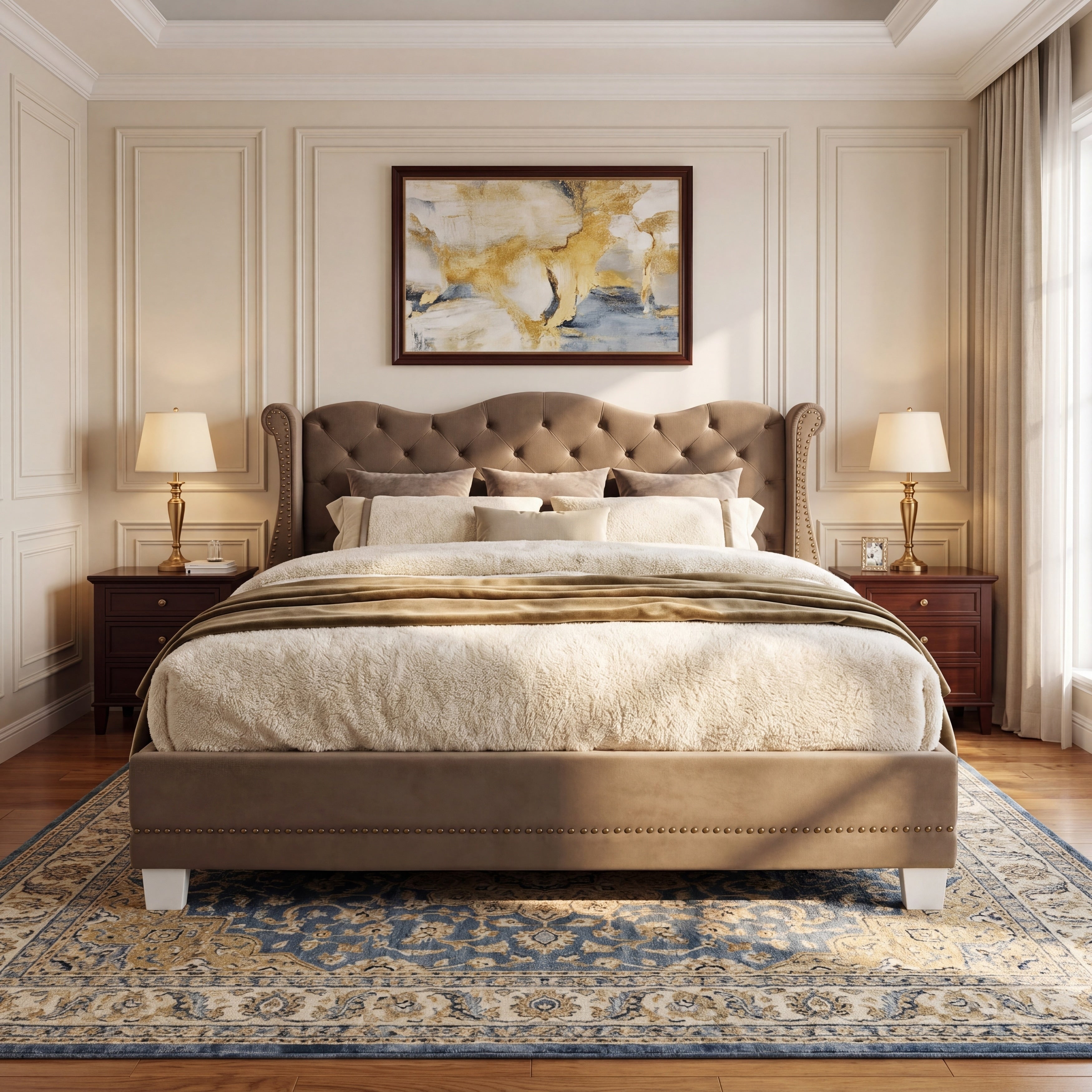 Christopher Knight Home Modern Wingback Platform Bed Velvet Button Tufted Headboard Low Profile No Box Spring Needed