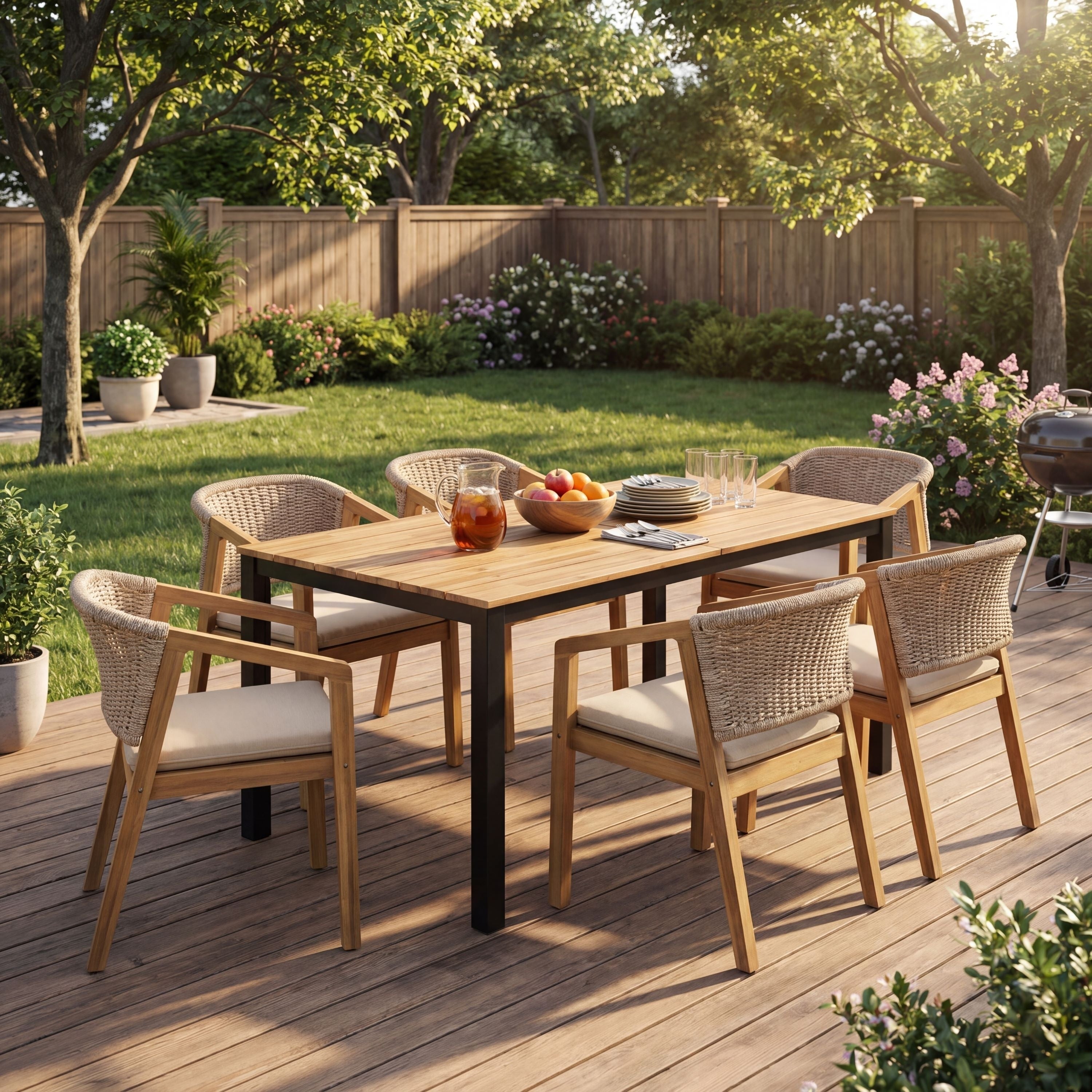 Christopher Knight Home Monterey 7 Piece Outdoor Dining Set In Acacia Wood With Rope Woven Chairs And Beige Cushions