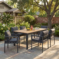 Christopher Knight Home Newport 7 Piece Outdoor Dining Set In Acacia Wood With Grey Aluminum Chairs And Grey Cushions