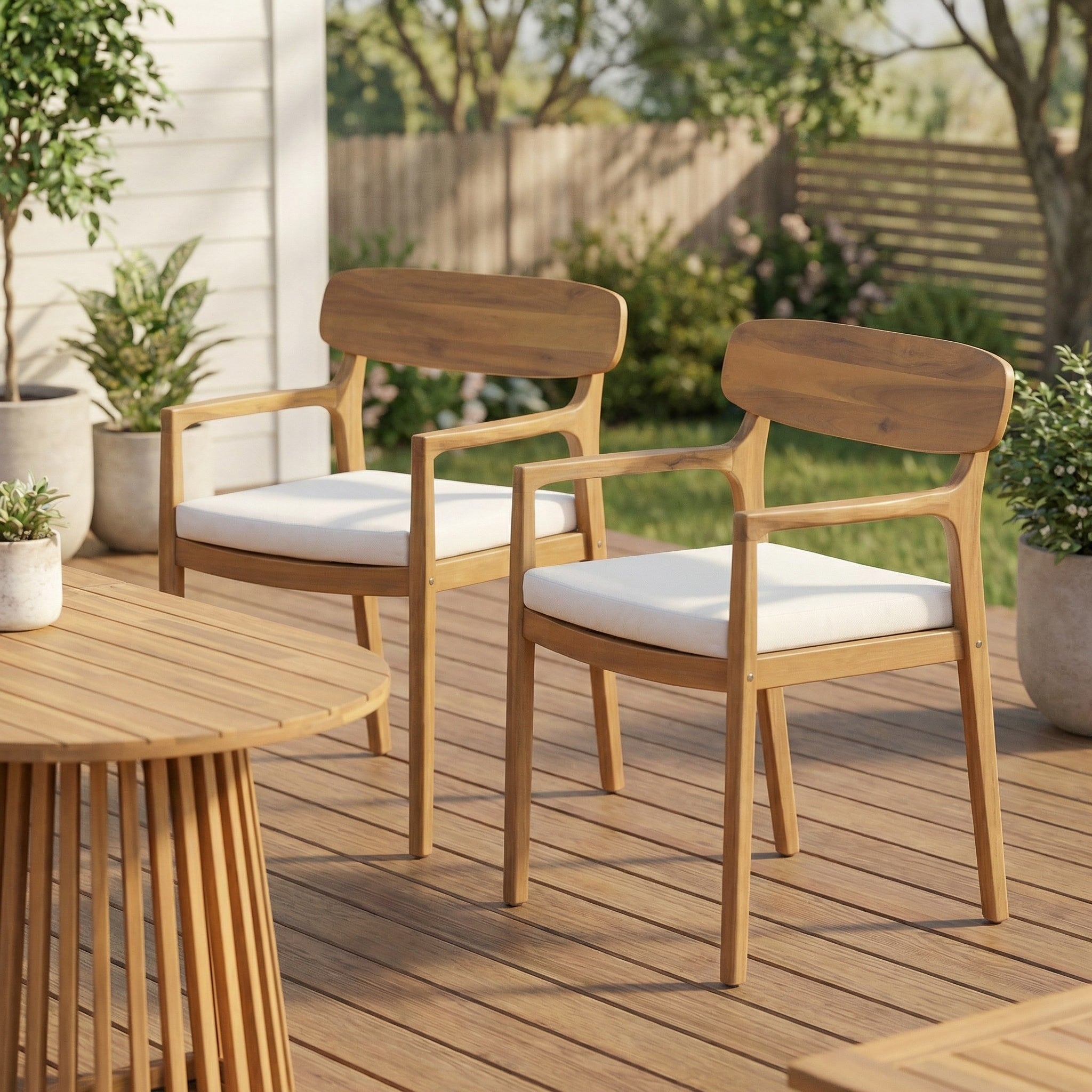 Christopher Knight Home Noah Outdoor Dining Chairs Acacia Wood Armchair Cushioned Weather Resistant Patio Seating Set