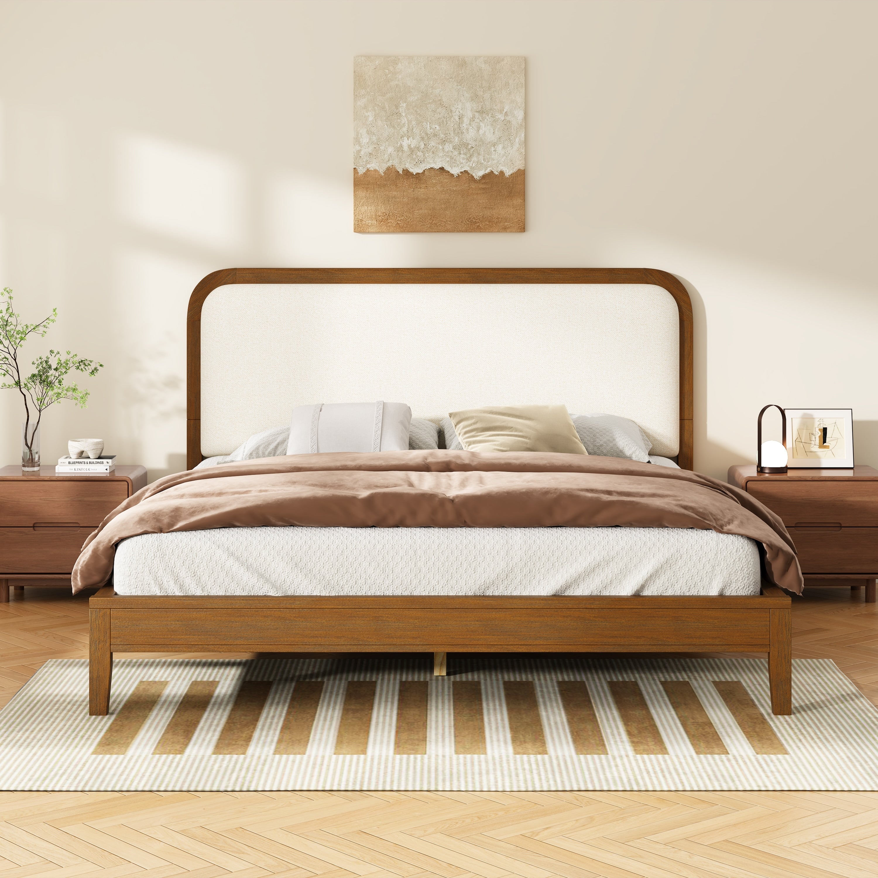 Christopher Knight Home Oakmere Modern Solid Wood Platform Bed With Upholstered Headboard