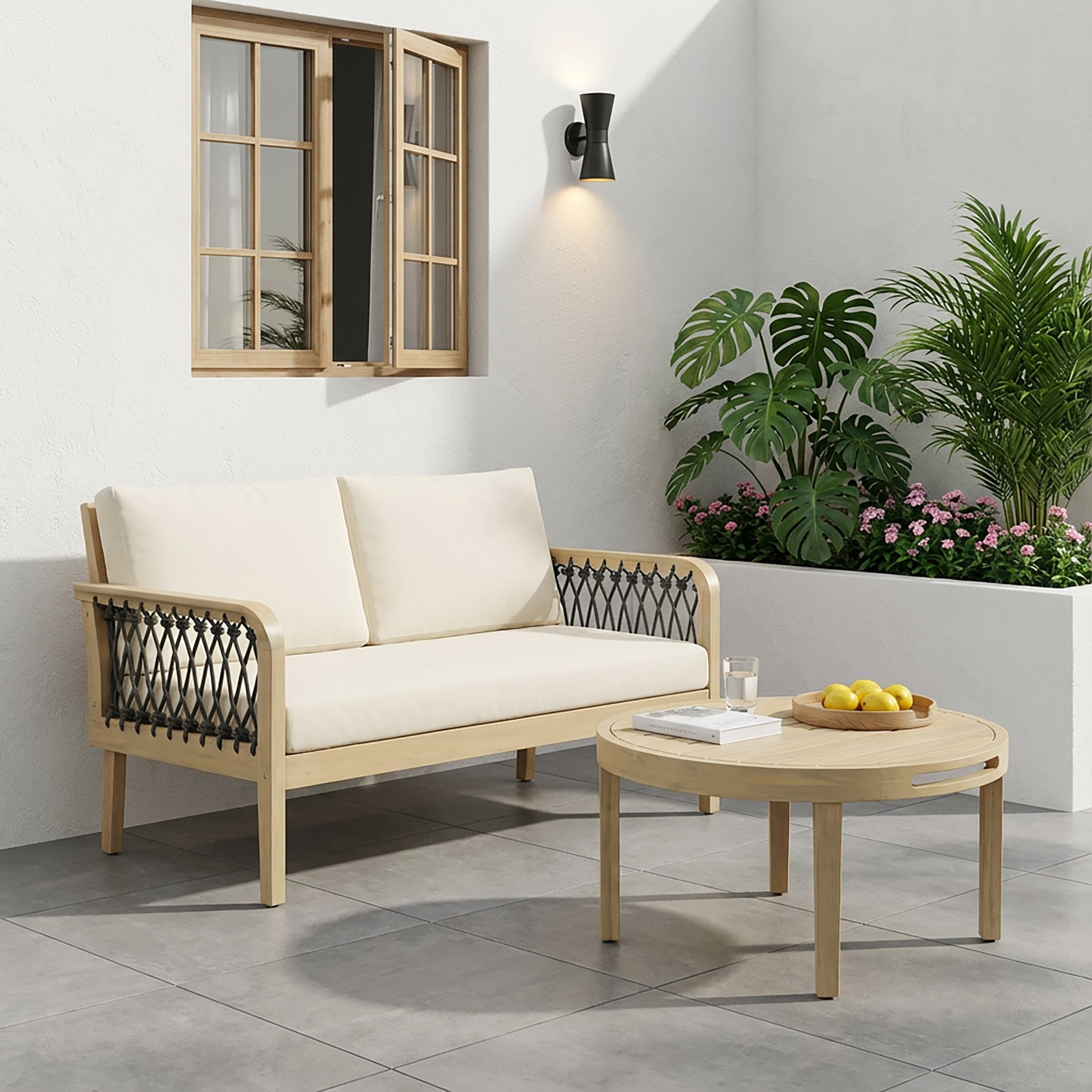 Christopher Knight Home Outdoor Acacia Wood Loveseat And Coffee Table Set With Handwoven Rope Loveseat Table
