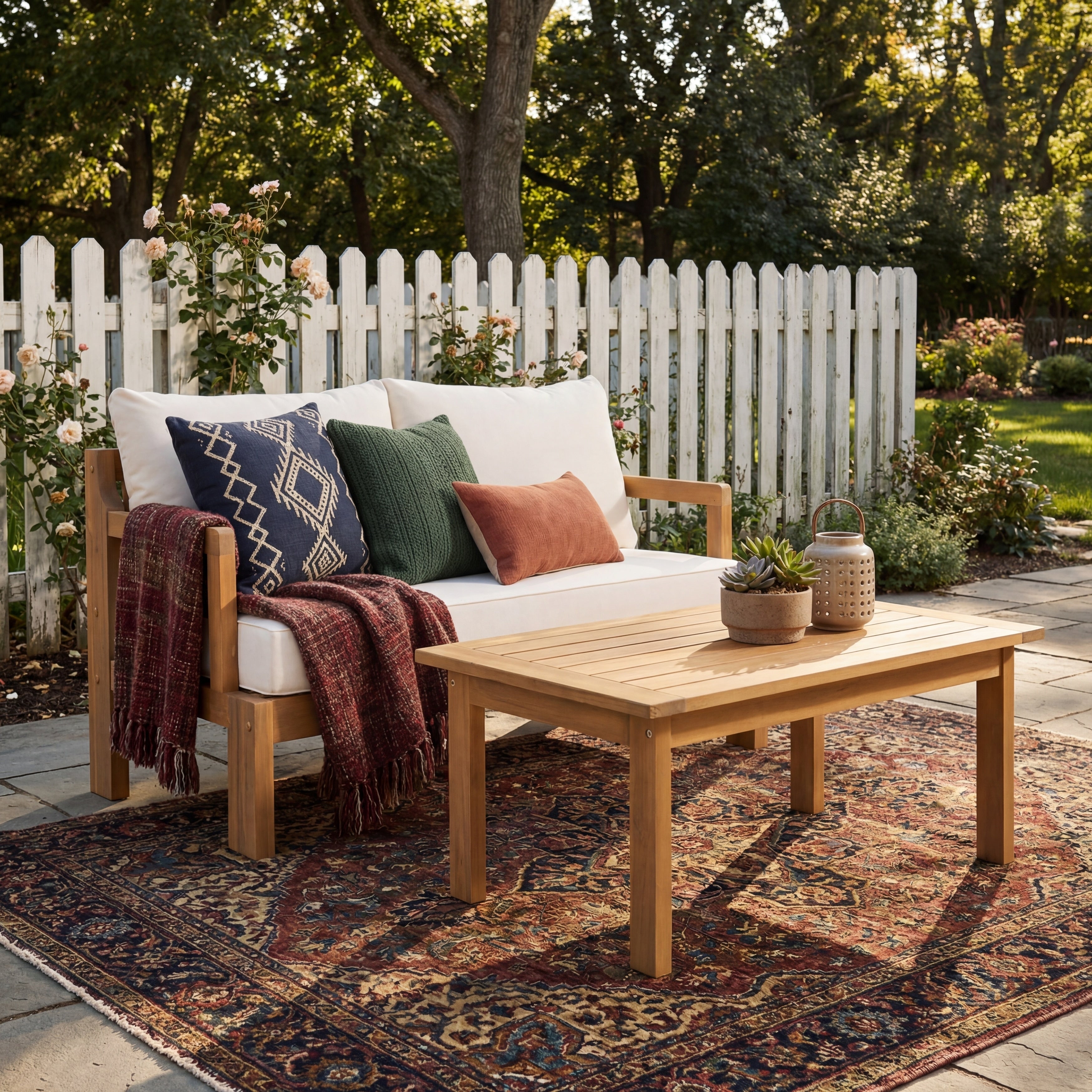 Christopher Knight Home Outdoor 2 Piece Acacia Wood Patio Chat Set With High Density Cushioned Loveseat Coffee Table