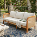 Christopher Knight Home Outdoor 3 Seater Patio Sofa With Teak Finish Acacia Wood Frame And Yellow Wicker Accents
