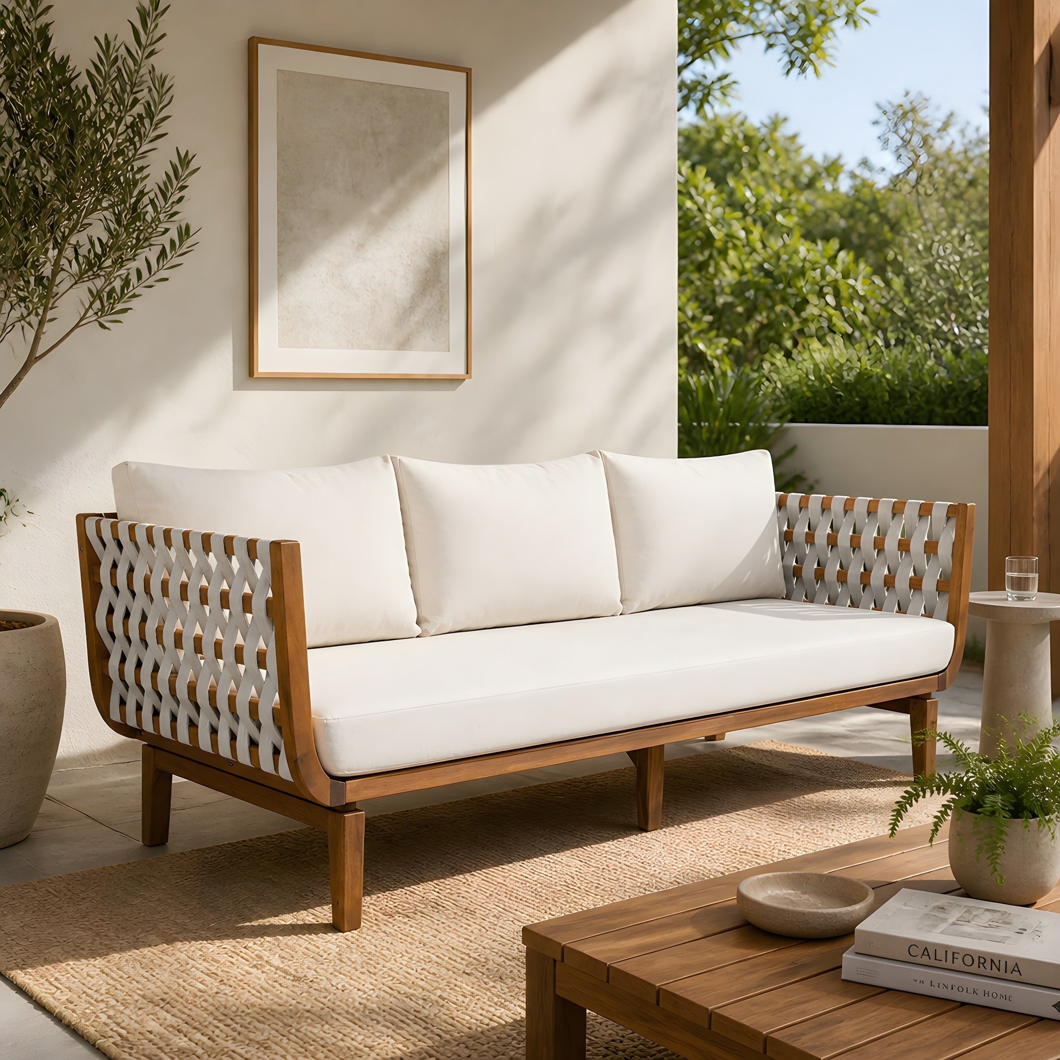 Christopher Knight Home Outdoor 3 Seater Sofa Acacia Wood With Hand Woven Rope Backrest Water Resistant Cushions
