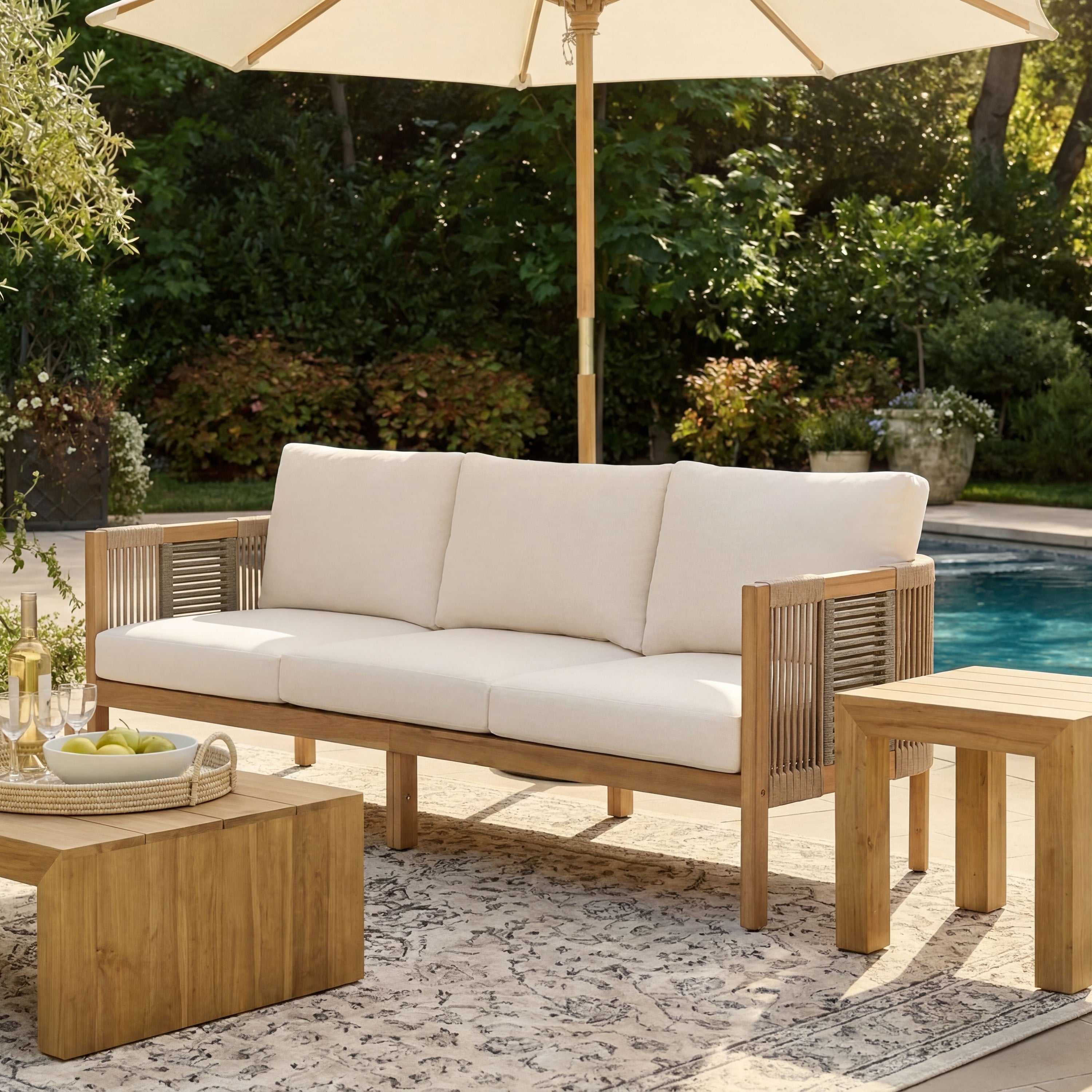 Christopher Knight Home Outdoor 3 Seater Sofa Acacia Wood With Hand Woven Rope Side Water Repellent Cushions