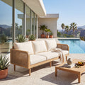 Christopher Knight Home Outdoor 3 Seater Sofa Acacia Wood With Rattan Woven Armrests And Water Resistant Cushions