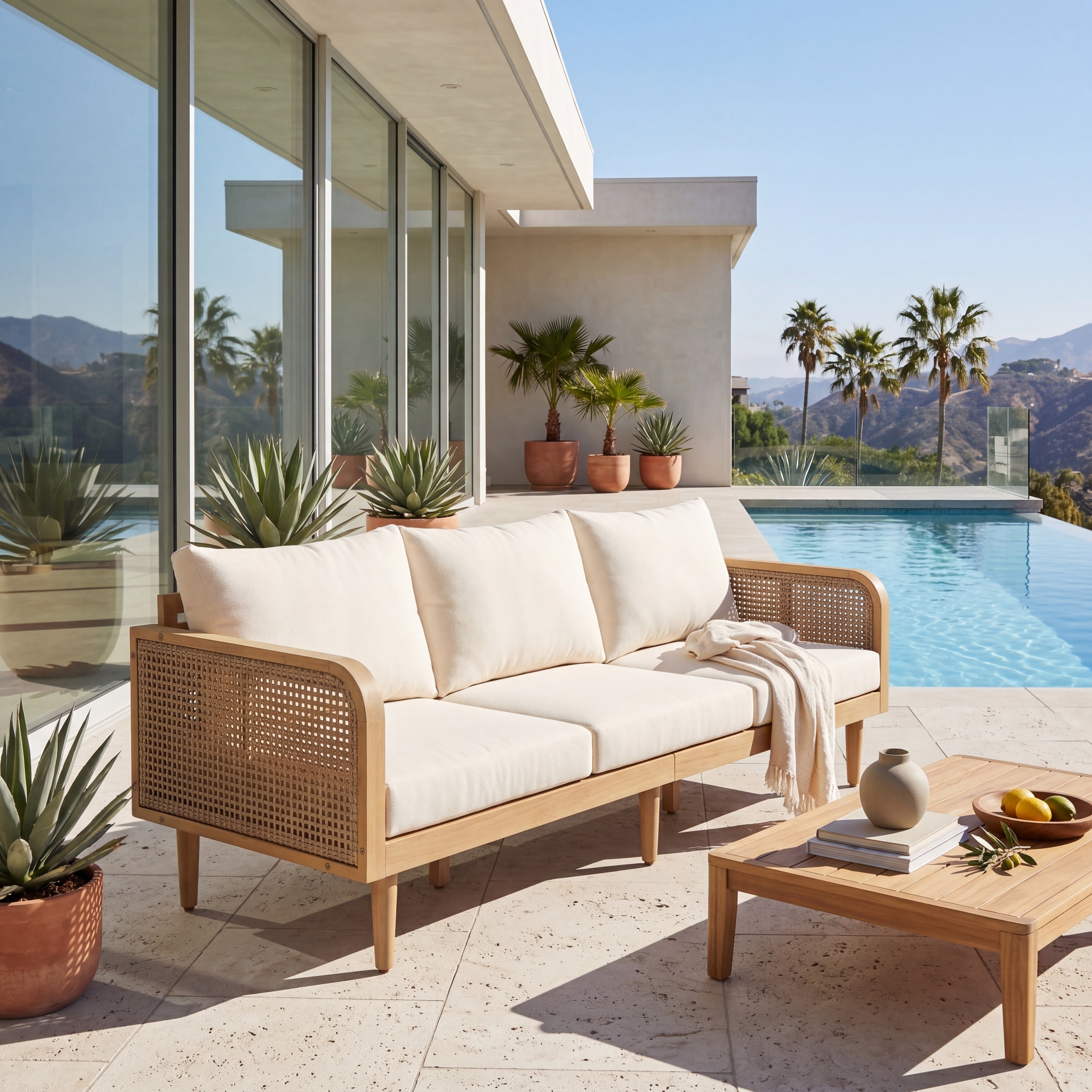 Christopher Knight Home Outdoor 3 Seater Sofa Acacia Wood With Rattan Woven Armrests And Water Resistant Cushions