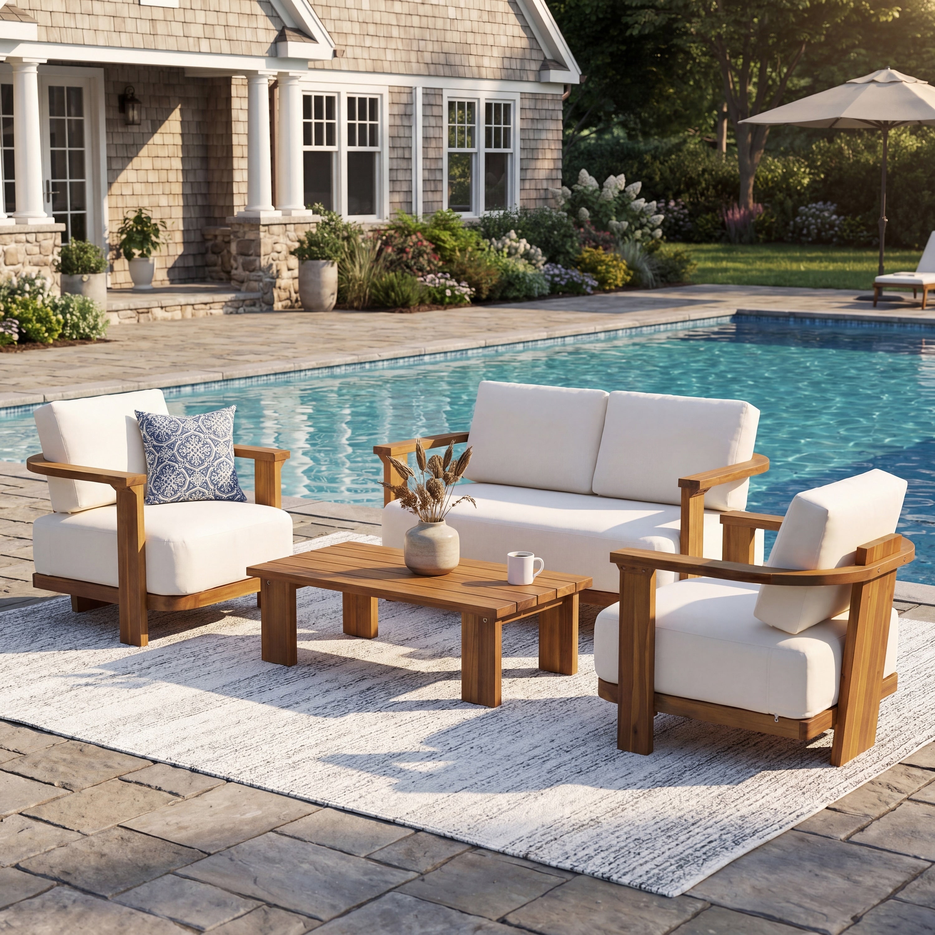 Christopher Knight Home Outdoor 4 Piece Chat Set Acacia Wood With Waterproof Cushions And Coffee Table