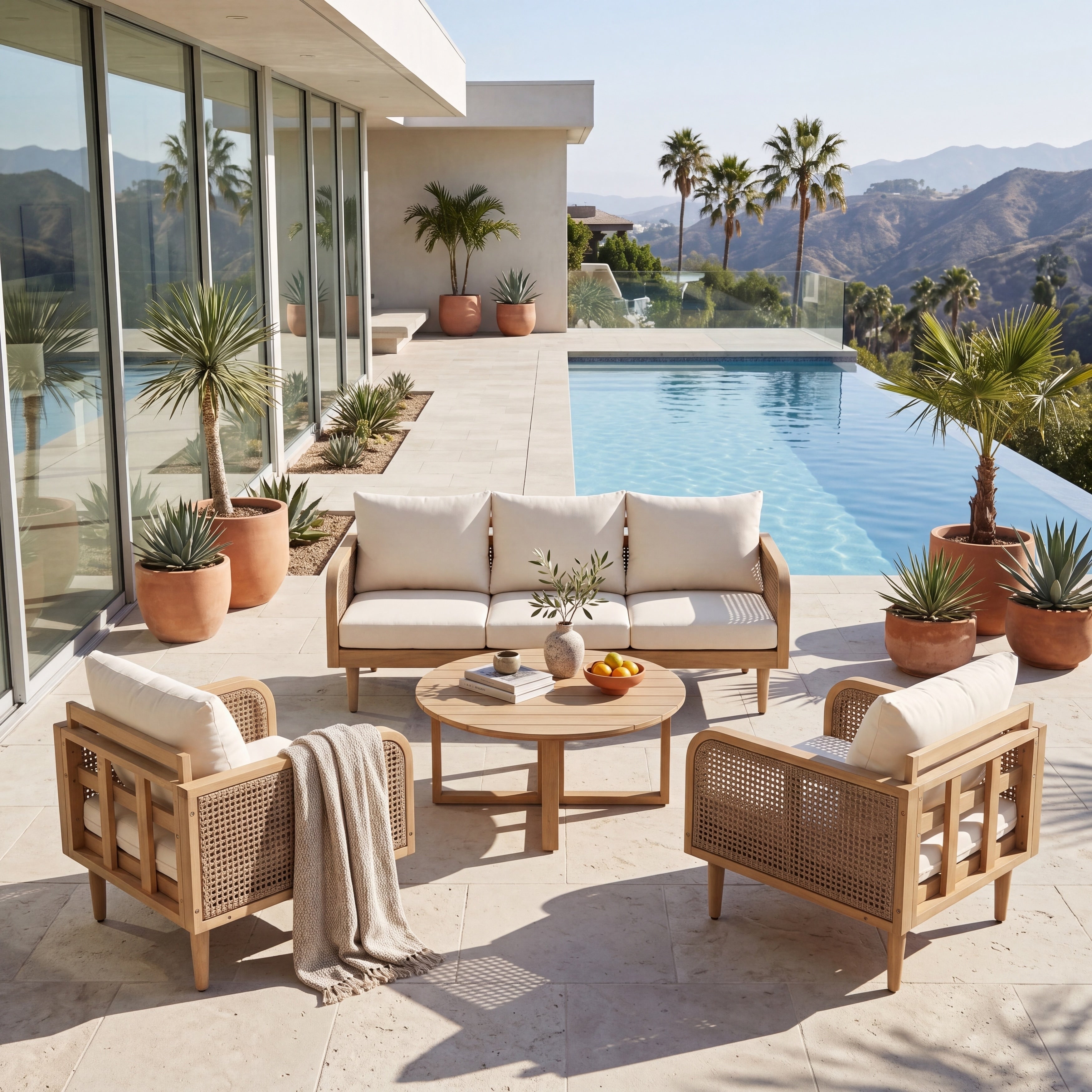 Christopher Knight Home Outdoor 4 Piece Conversation Set Acacia Wood With Rattan Woven Armrests And Water Resistant Cushions