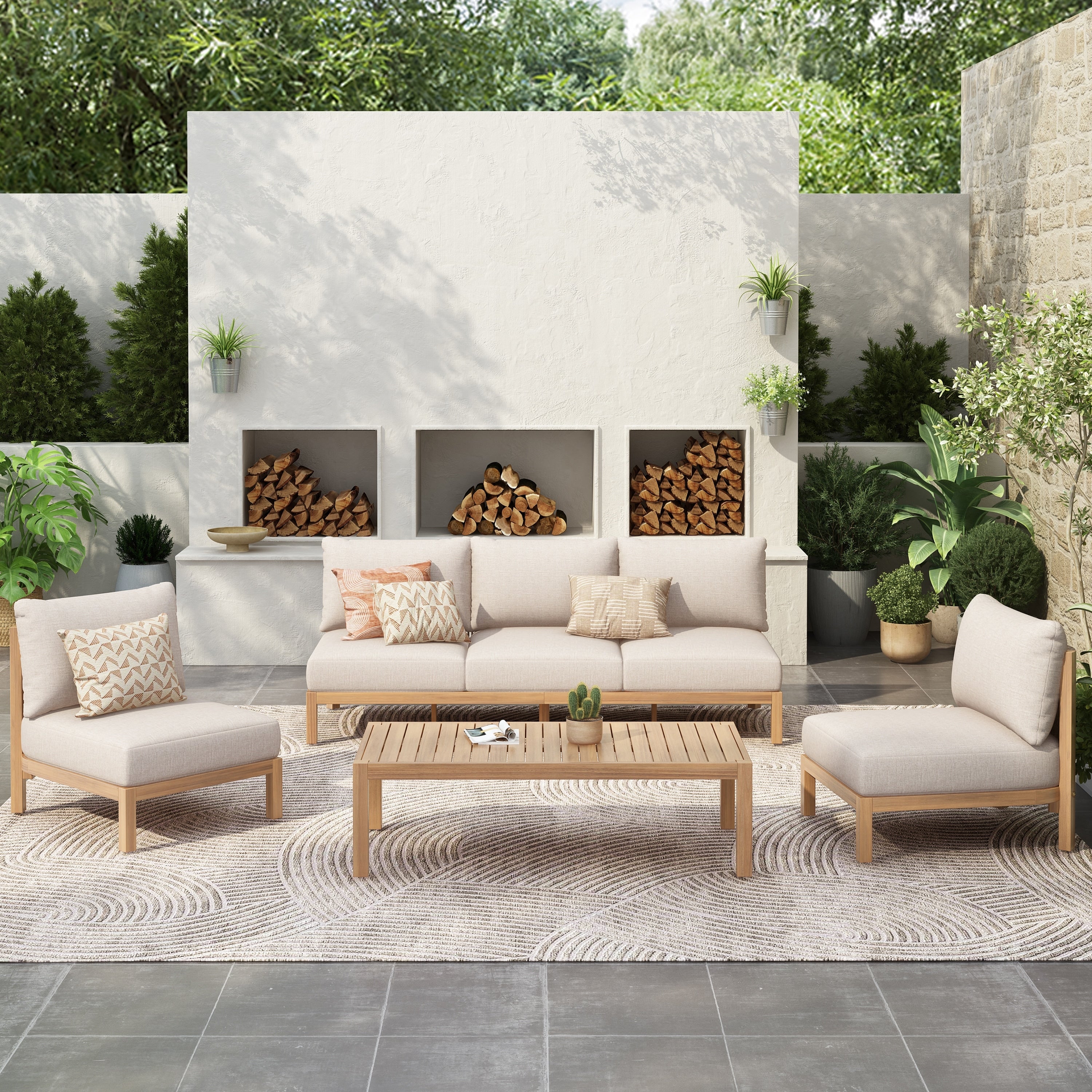 Christopher Knight Home Outdoor 4 Piece Wood Rope Woven Patio Conversation Set With Cushions And Coffee Table