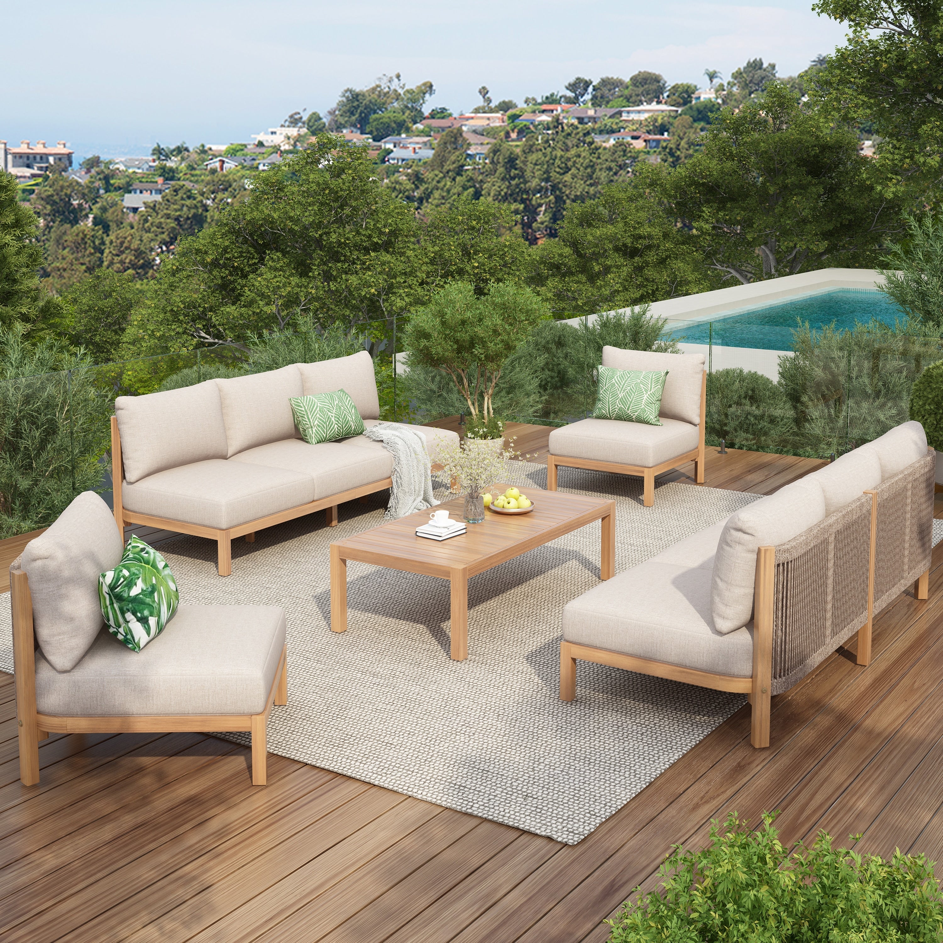 Christopher Knight Home Outdoor 5 Piece Wooden Rope Woven Patio Conversation Set With Cushions And Coffee Table