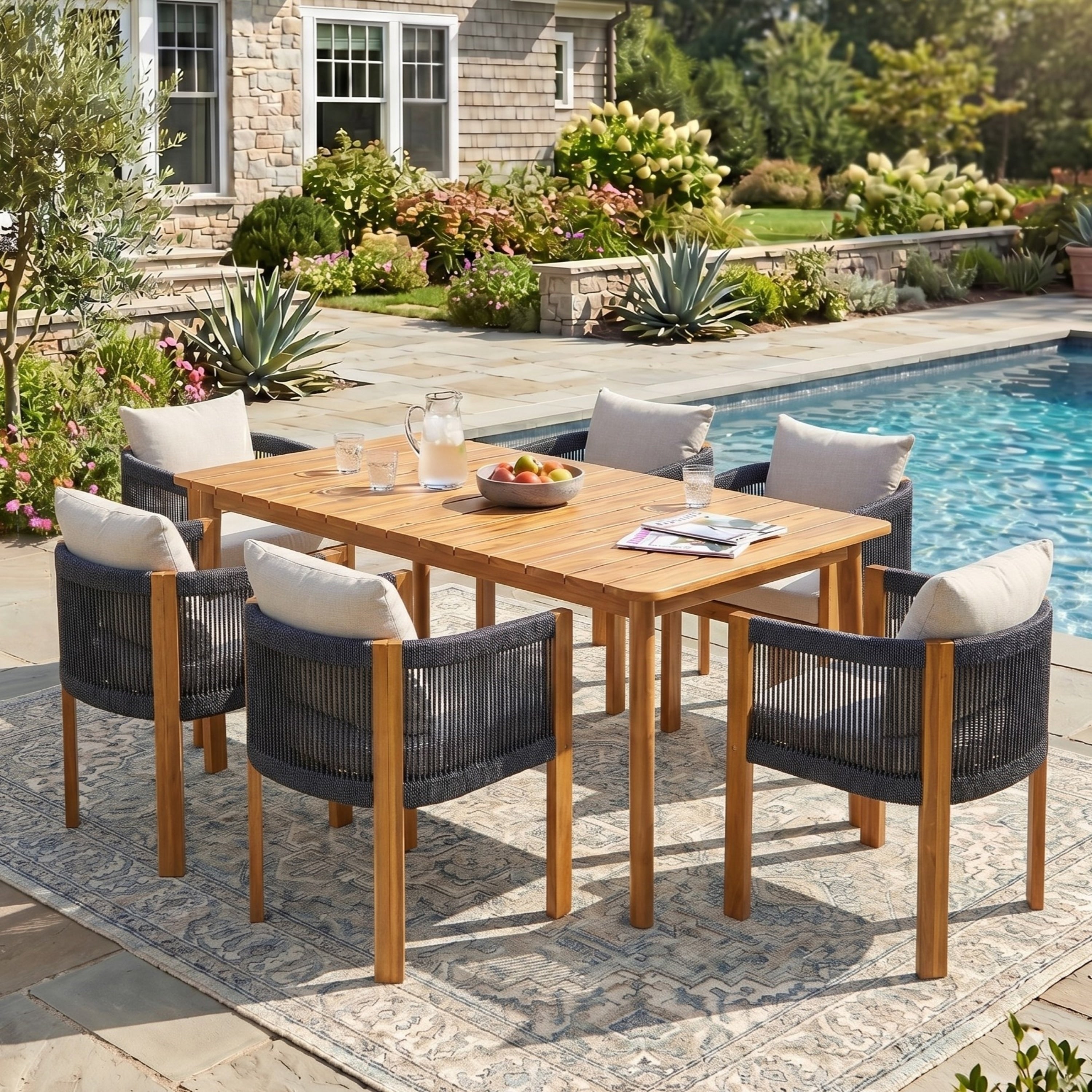 Christopher Knight Home Outdoor 7 Piece Dining Set Solid Acacia Wood With Rope Woven Chairs And Sand Cushions